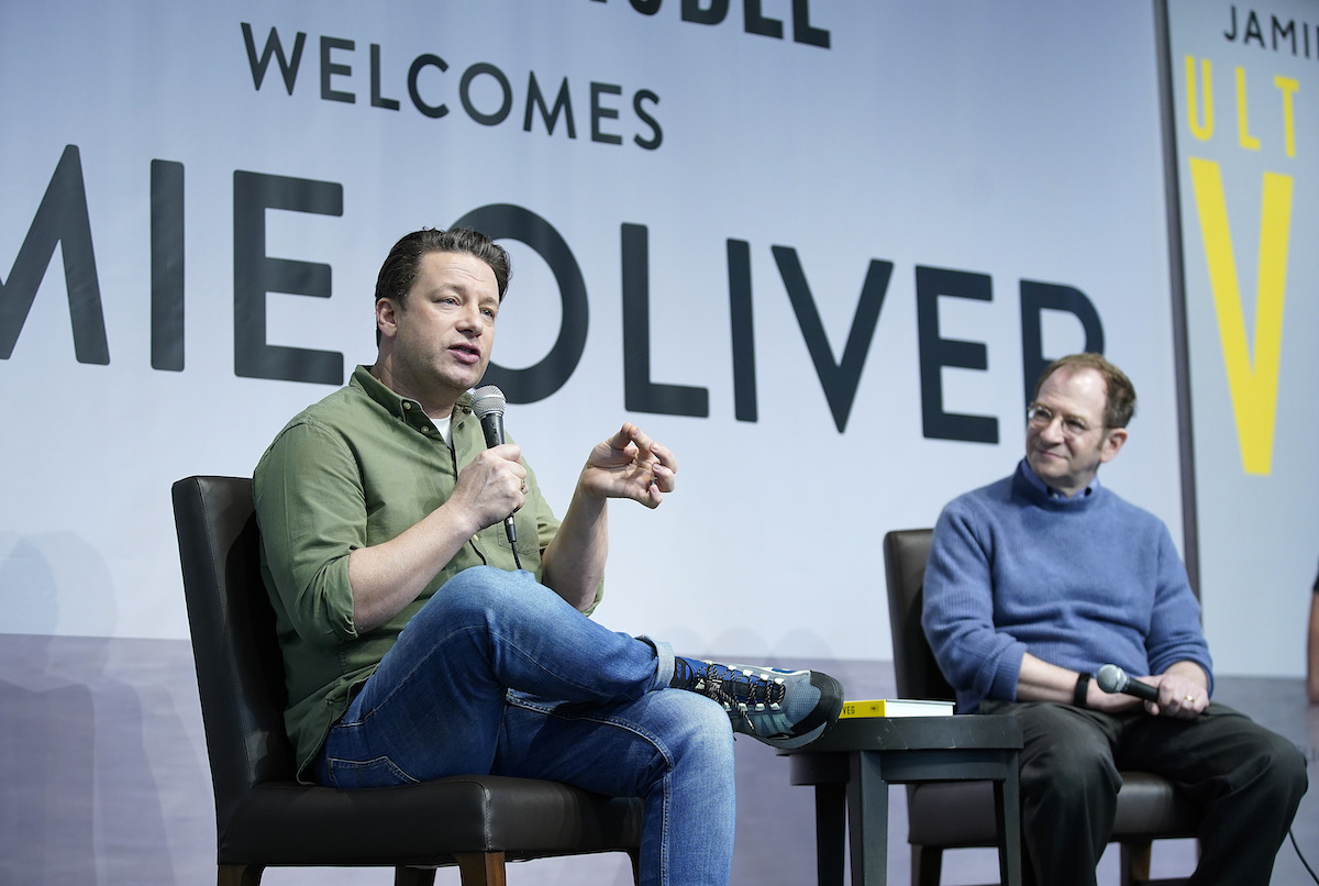 Jamie Oliver speaks during a book signing event for his new book "Ultimate Veg"