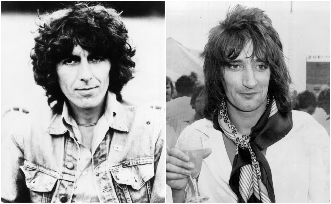 George Harrison in a jacket in 1975 and Rod Stewart in white in 1977.