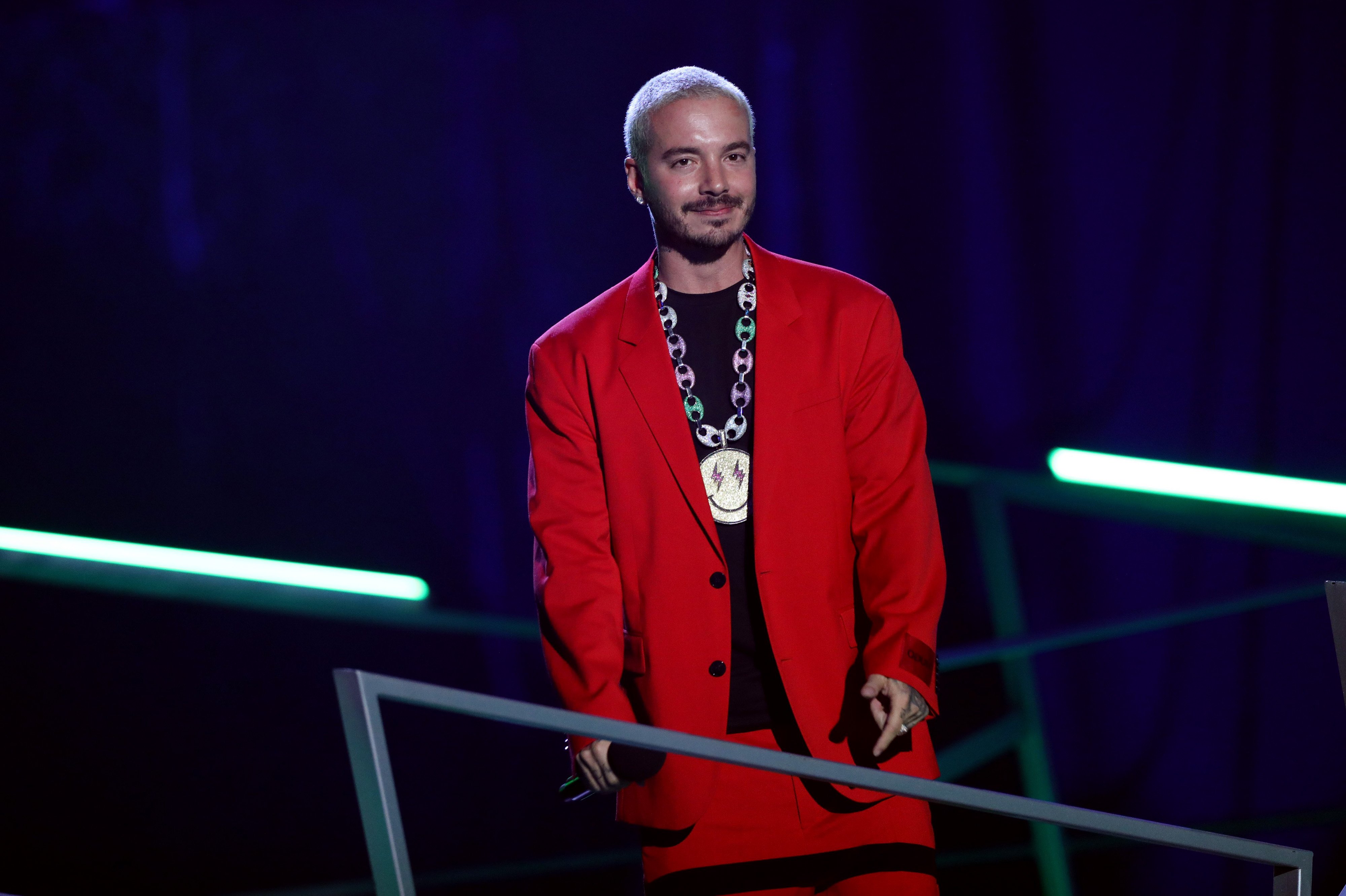 J Balvin accepts award for 'Artista Más Compartido' during the 2020 Spotify Awards