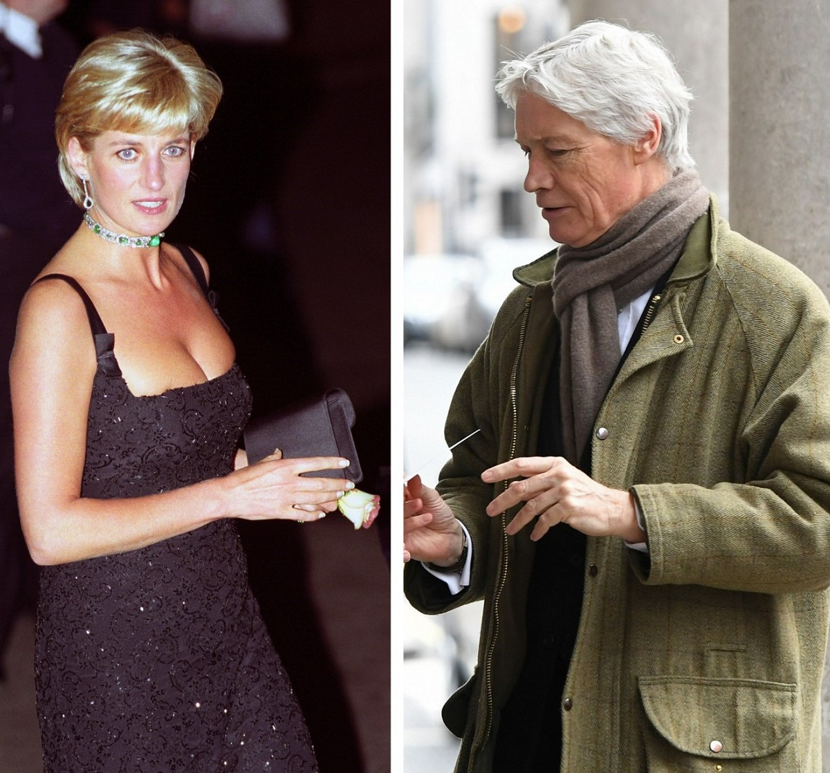 (L) Princess Diana attending a gala, (R) Richard Kay, who was the last person to speak to Diana during her final phone call, arriving at the Grosvenor Chapel