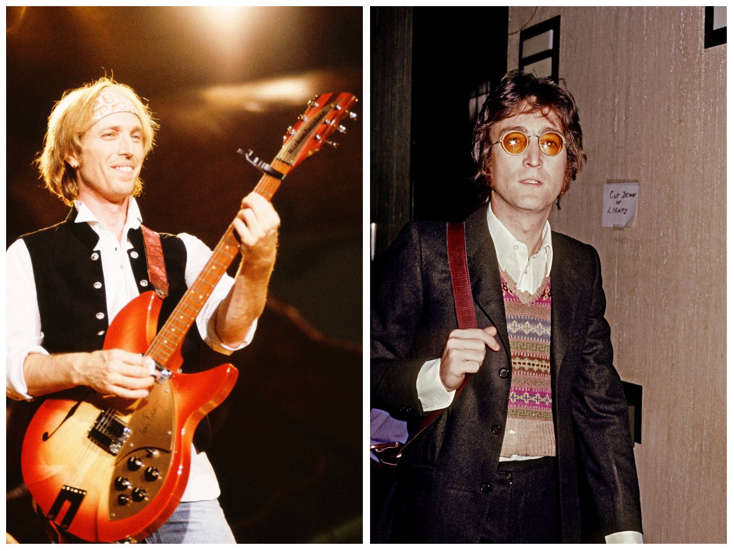 Tom Petty wears a bandana and plays the guitar. John Lennon wears sunglasses and holds a bag.