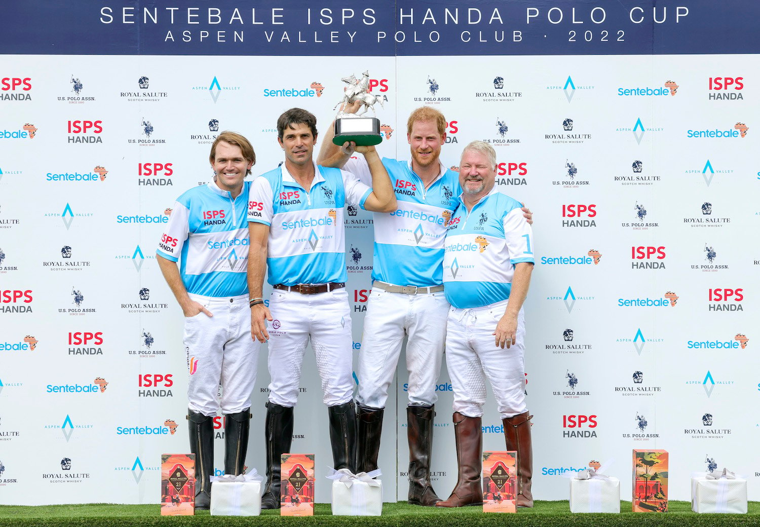 Grant Ganzi, Nacho Figueras, Prince Harry, Steve Cox attend the Sentebale ISPS Handa Polo Cup 2022