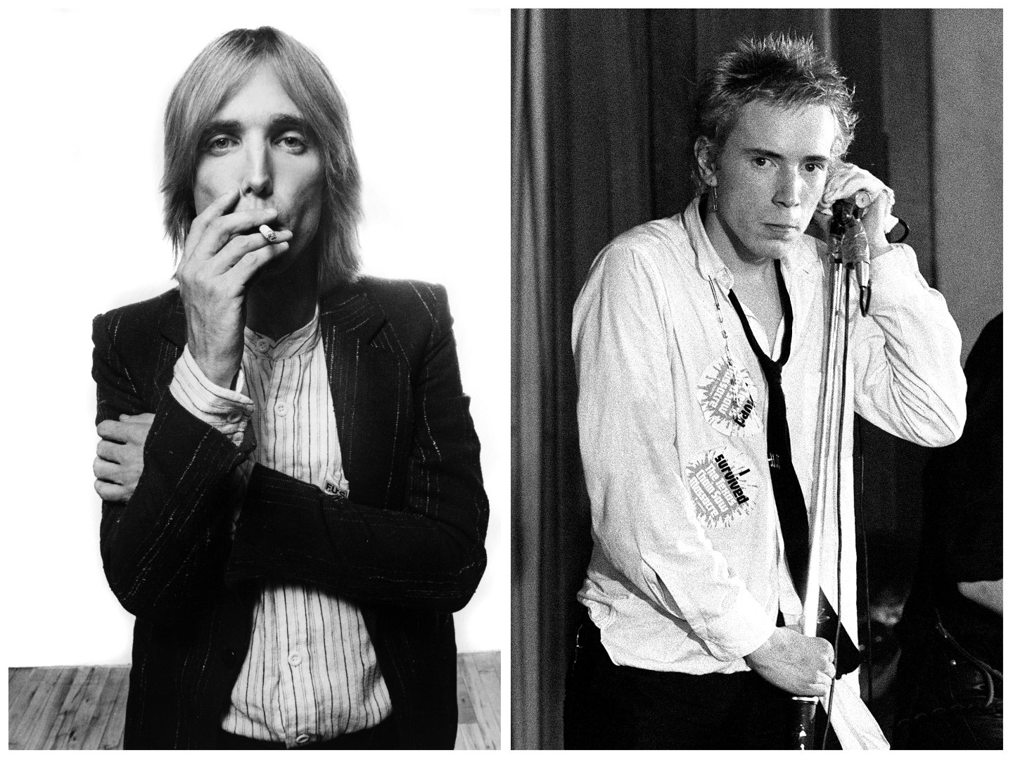 A black and white photo of Tom Petty with his arm crossed over his chest and holding a cigarette. Johnny Rotten wears a tie and holds a microphone. 