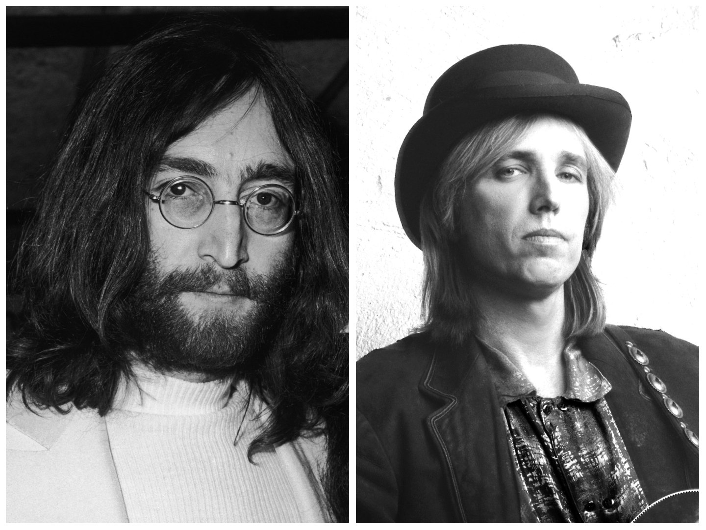 A black and white picture of John Lennon wearing round glasses. Tom Petty wears a hat and holds a guitar.