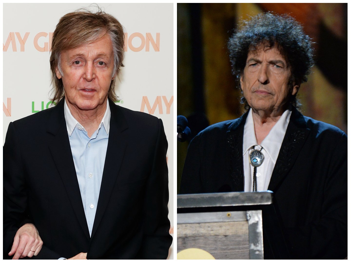 Paul McCartney wears a suit jacket and stands in front of a white background. Bob Dylan wears a bolo tie and stands at a podium.