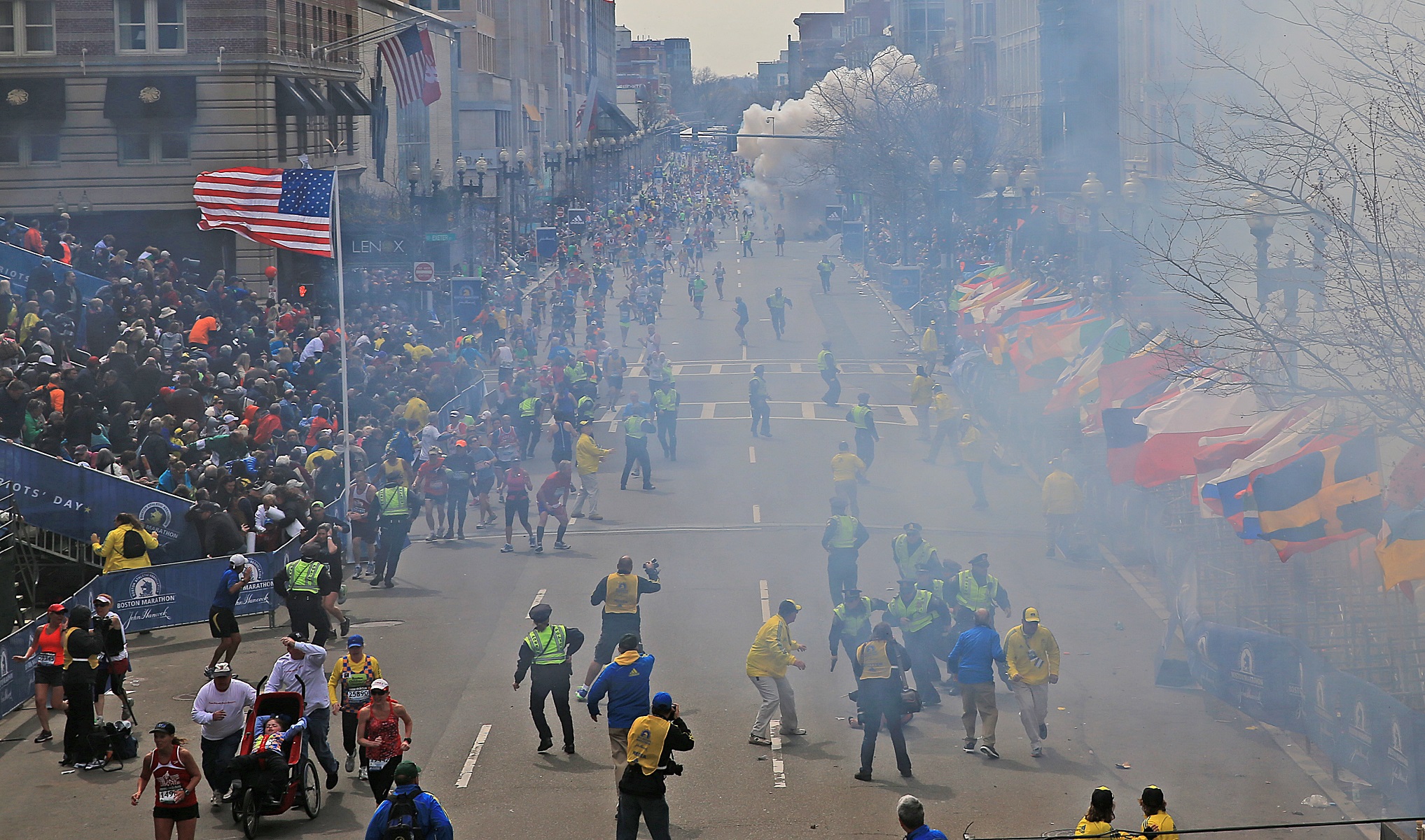 A second explosion goes off near the finish line of the 117th Boston Marathon on April 15, 2013