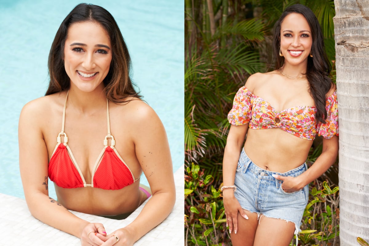 Jill Chin and Kira Mengistu from Bachelor in Paradise Season 8. Jill wears a red bikini and Kira wears a crop top and jean shorts.