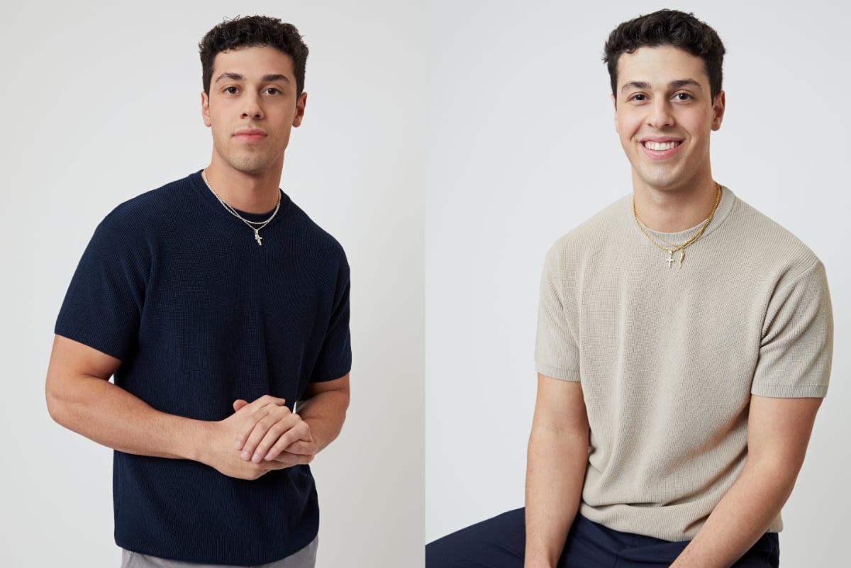 Twins Justin and Joey Young from Bachelor in Paradise Season 8. Justin wears a beige shirt and Joey wears a blue shirt. 