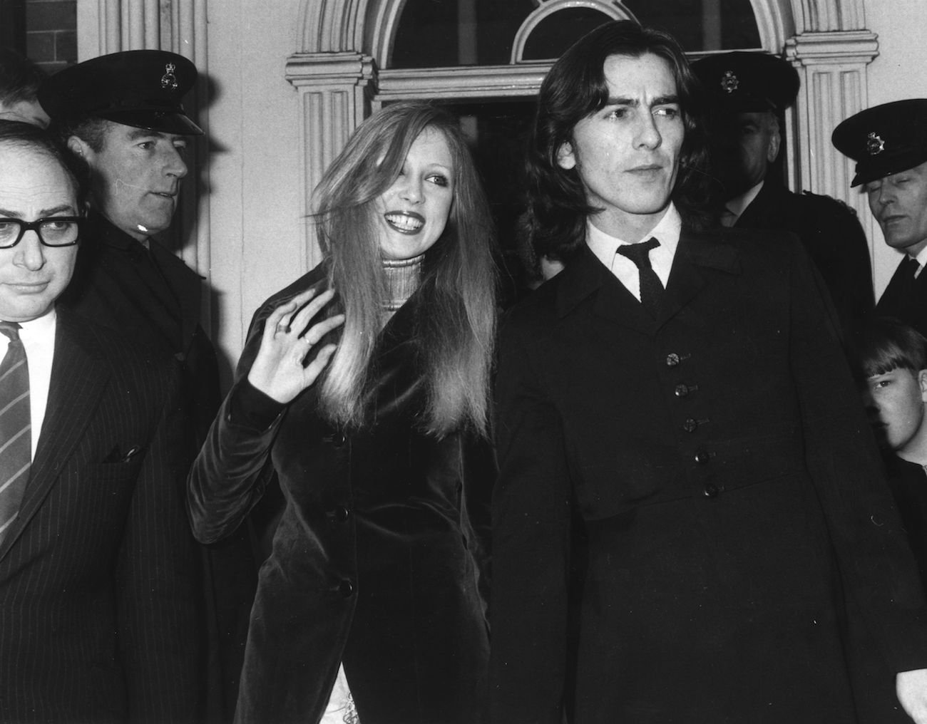 George Harrison and his ex-wife, Pattie Boyd, leaving a court house in 1969.