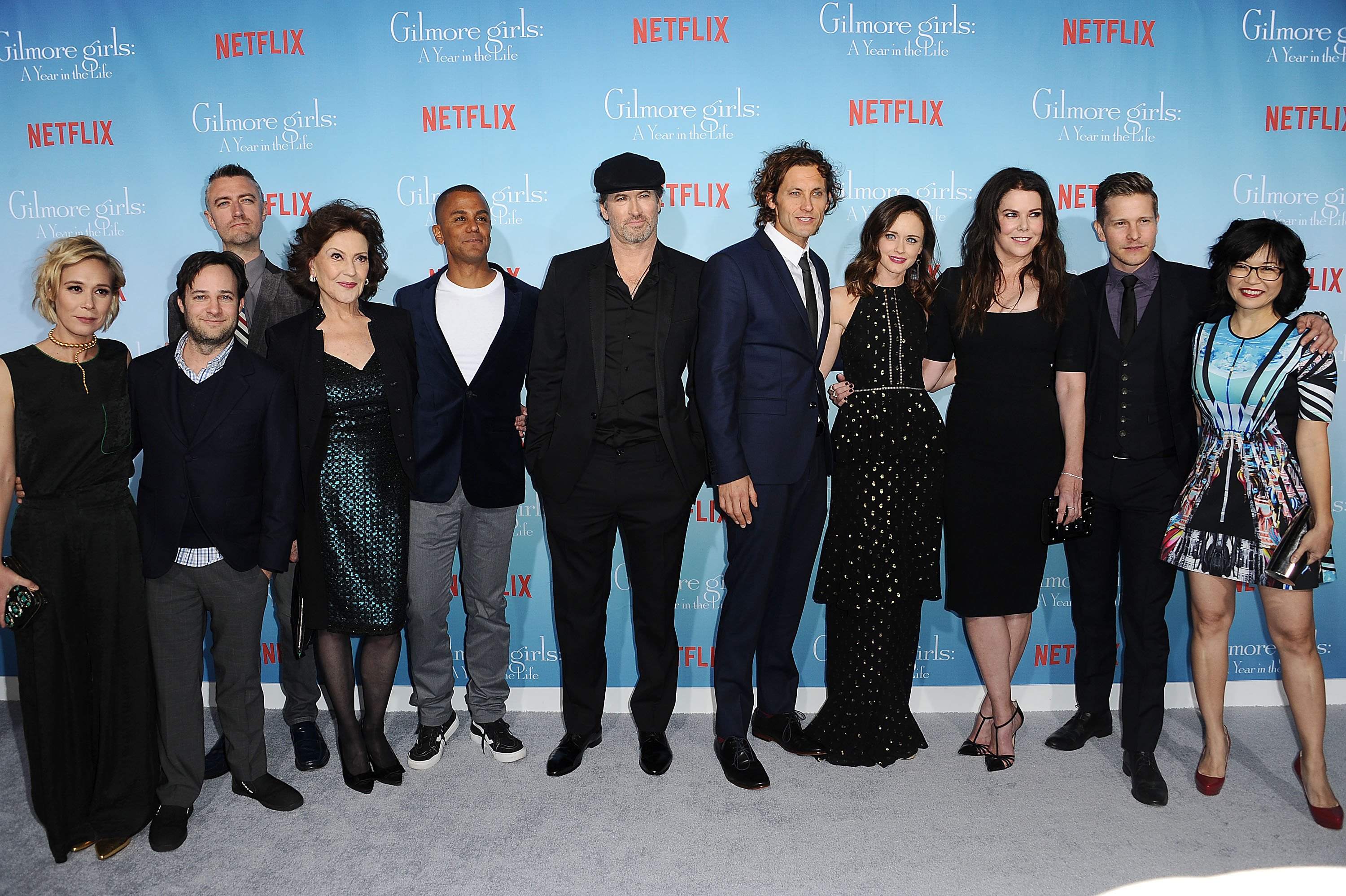 Liza Well, Danny Strong, Sean Gunn, Kelly Bishop, Yanic Truesdale, Scott Patterson, Tanc Sade, Alexis Bledel, Lauren Graham, Matt Czuchry and Keiko Agena attend the premiere of "Gilmore Girls: A Year in the Life"