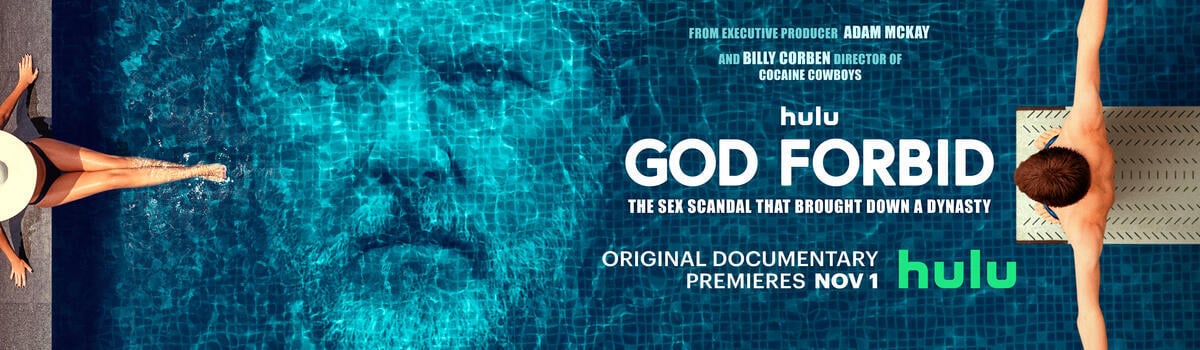 'God Forbid: The Sex Scandal That Brought Down a Dynasty' logo shows Jerry Falwell Jr.'s face beneath pool water.