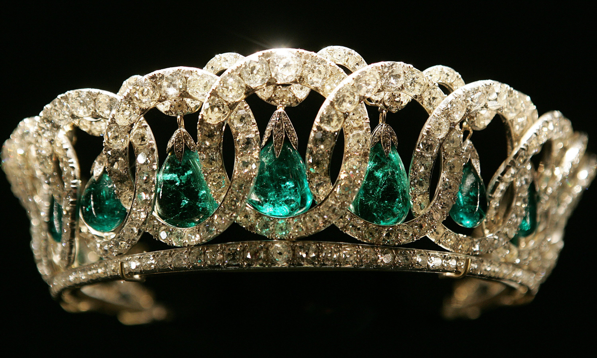 Queen Elizabeth II's Vladimir Tiara is displayed at Buckingham Palace on July 25, 2006 in London. Celebrating the Queen's 80th birthday, the largest ever exhibition of 80 gowns and jewellery from the 1940's to the present day, worn by her majesty on private and official engagements, will go on show to the public in the State Rooms during the summer opening of the palace