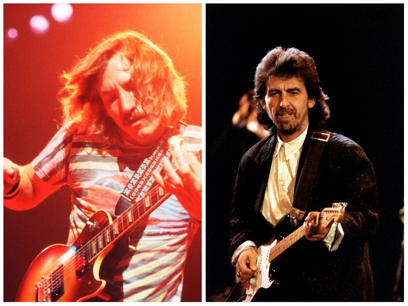 Joe Walsh wears a striped shirt and plays guitar. George Harrison wears a black jacket and plays guitar.