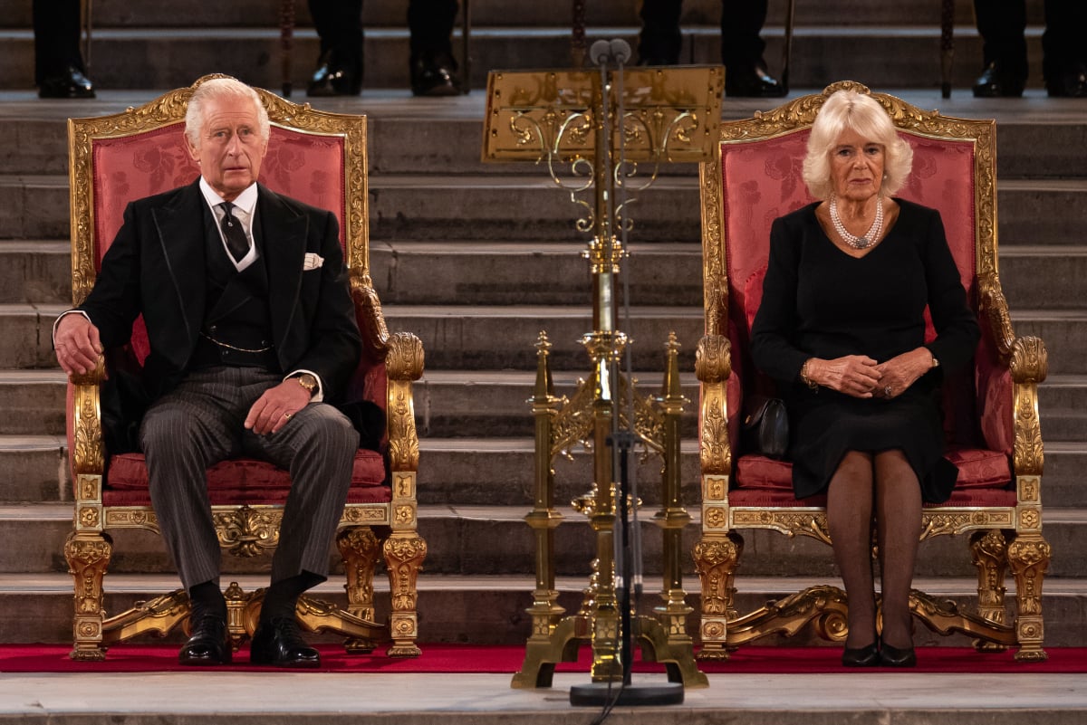 King Charles III and Camilla Parker Bowles, Queen Consort take part in an address in Westminster Hall on September 12, 2022 in London, England