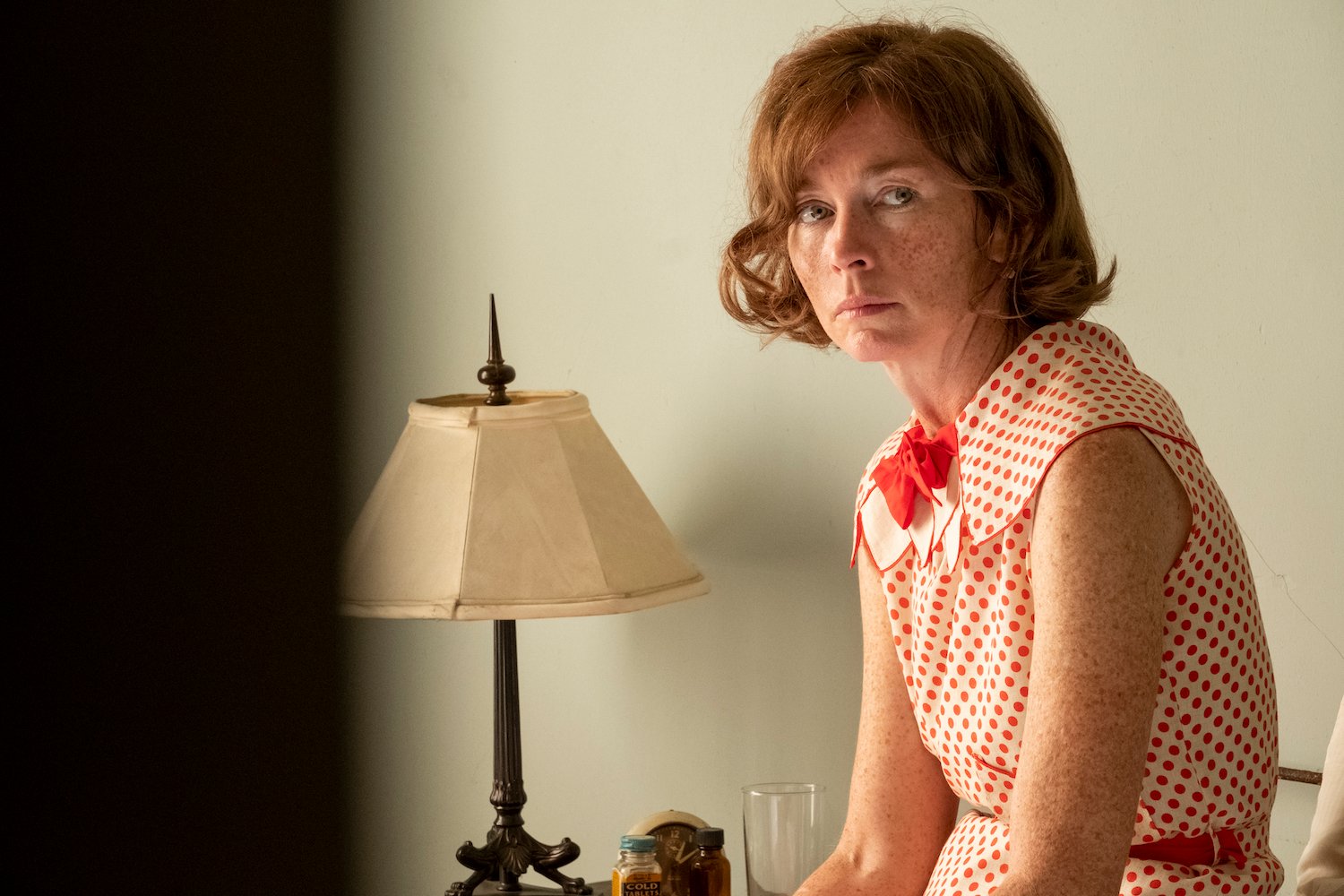 Julianne Nicholson wearing a red polka-dot dress plays Marilyn Monroe's mother in 'Blonde.'