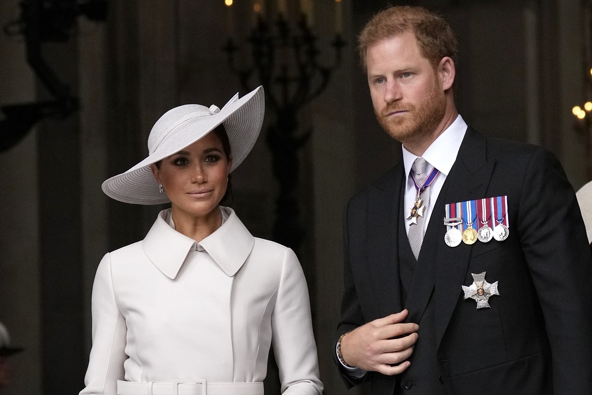 Prince Harry and Meghan Markle leave after a service of thanksgiving for the reign of Queen Elizabeth II