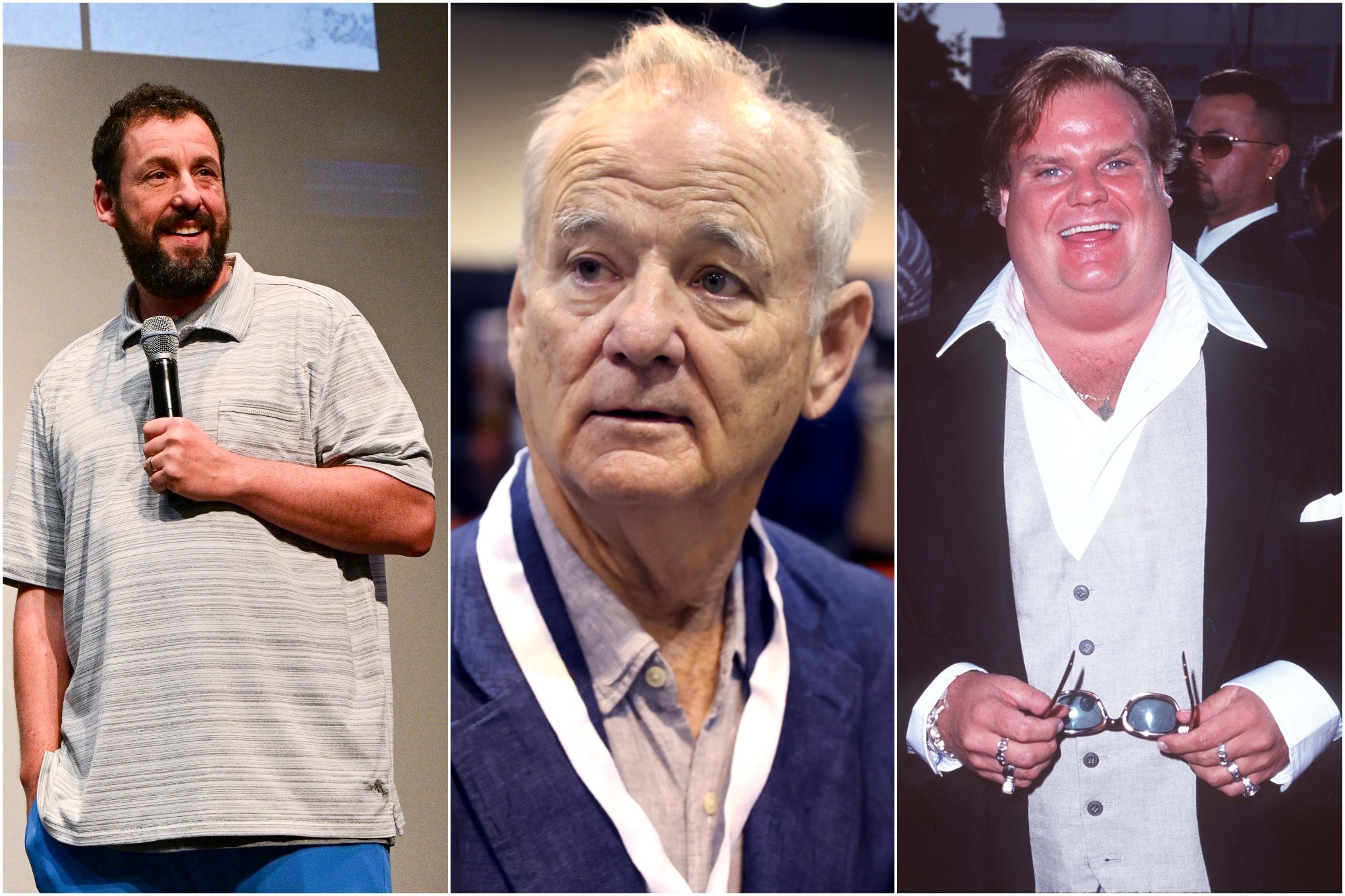 'Saturday Night Live' former cast members Adam Sandler, Bill Murray, and Chris Farley in a collage. Sandler is holding a microphone, Murray is wearing a collared shirt looking to the side, and Farley is wearing a vest under a jacket holding his glasses.