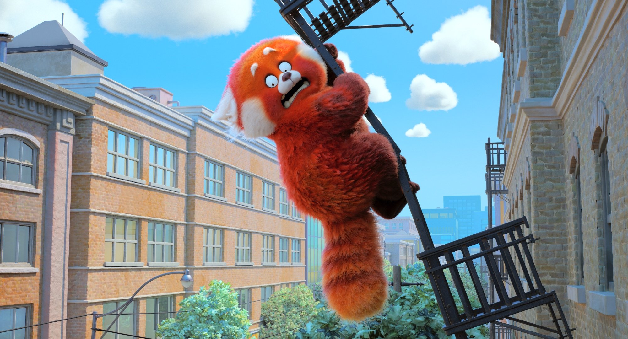 'Turning Red' Mei Lee (voiced by Rosalie Chiang) in red panda form hanging off of a fire escape on the side of a building