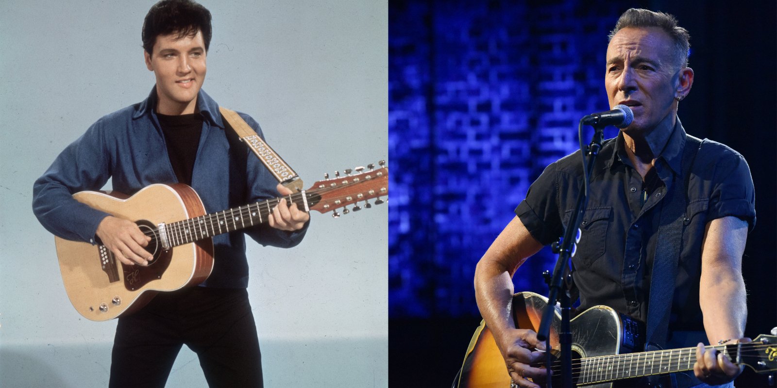 Elvis Presley and Bruce Springsteen in side-by-side photographs.