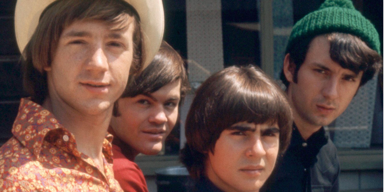 Peter Tork, Micky Dolenz, Davy Jones, and Mike Nesmith on the set of the television series 'The Monkees.'