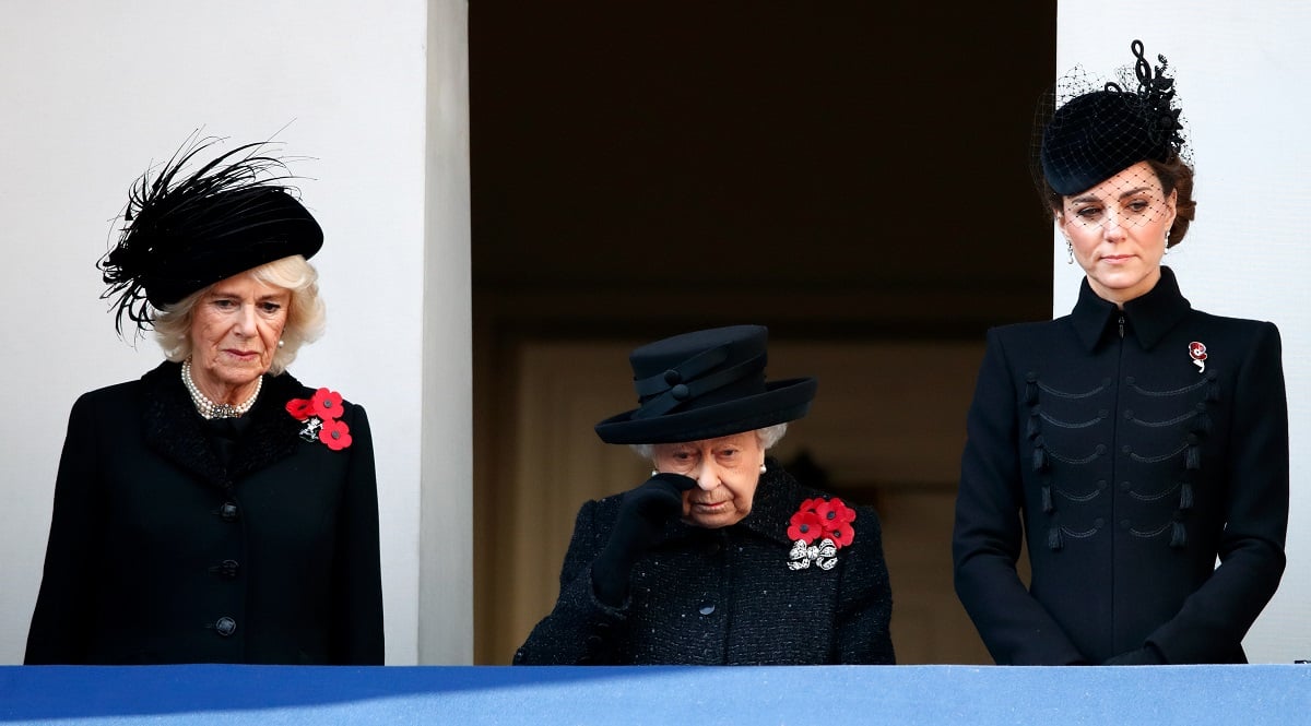 Camilla Parker Bowles, Queen Elizabeth II, and Kate Middleton at the annual Remembrance Sunday service at The Cenotaph in 2019