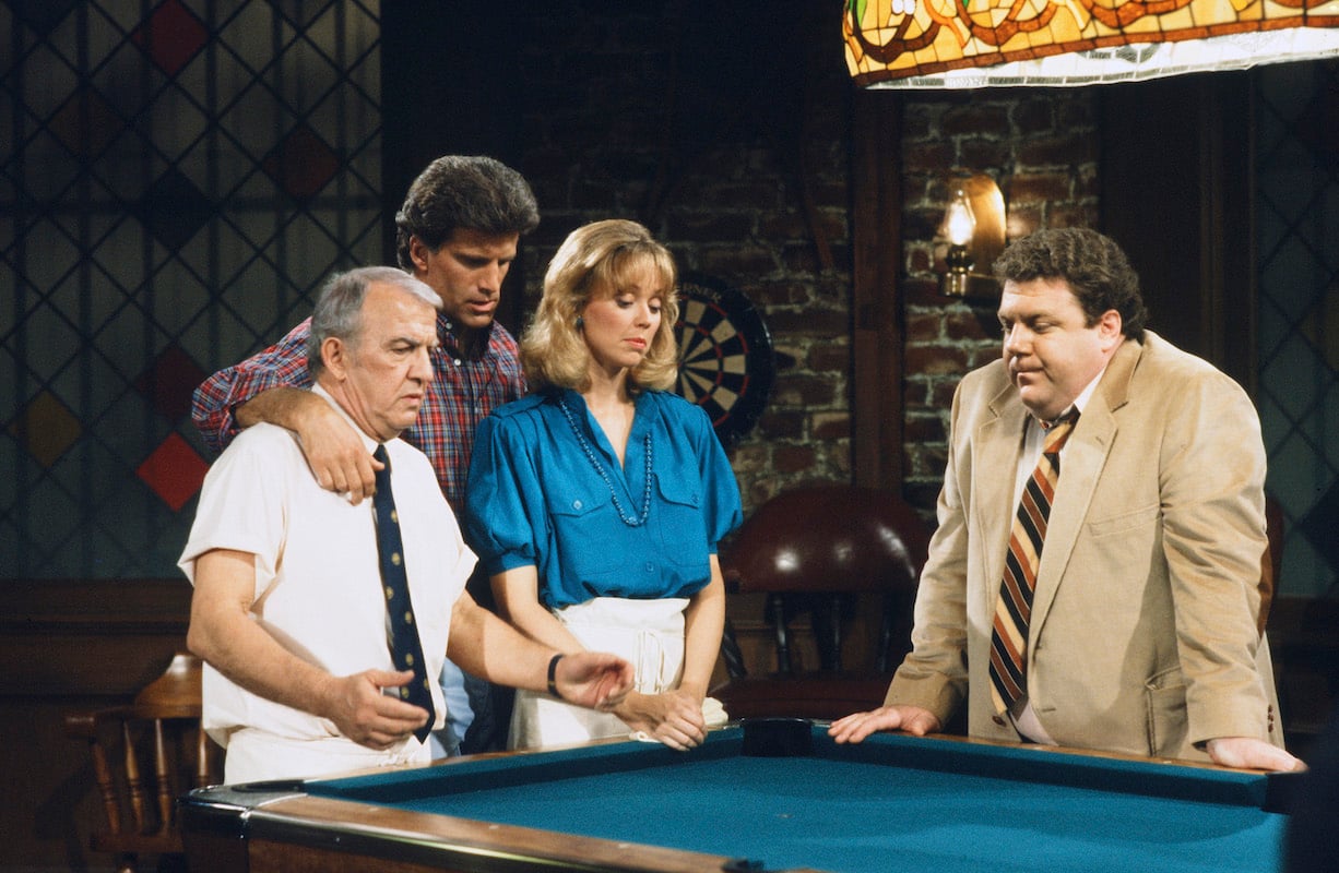 'Cheers': Coach, Sam, Diane and Norm huddle around the pool table