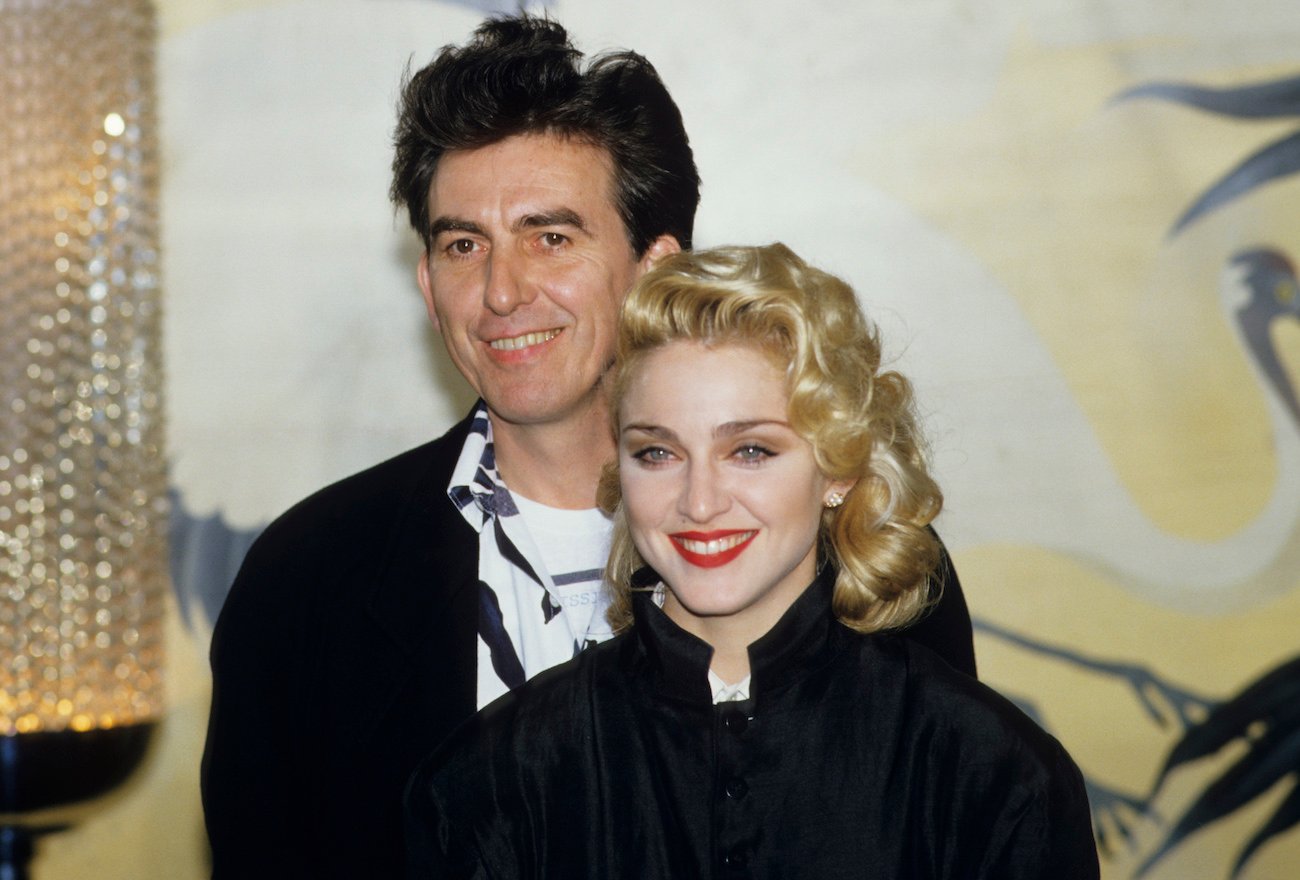 George Harrison and Madonna at a press conference for 'Shanghai Surprise' in 1986.