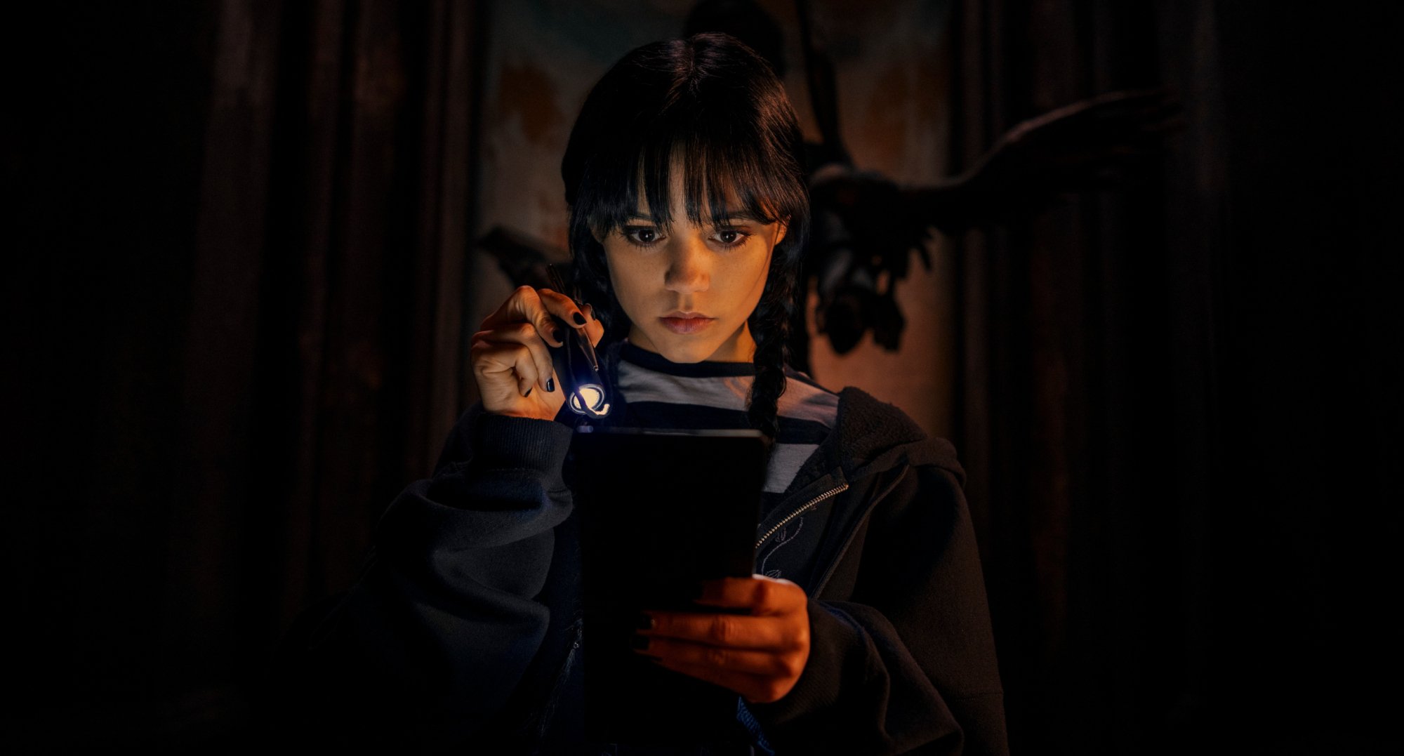 Jenna Ortega as Wednesday solving the murder mystery in 'Wednesday.'