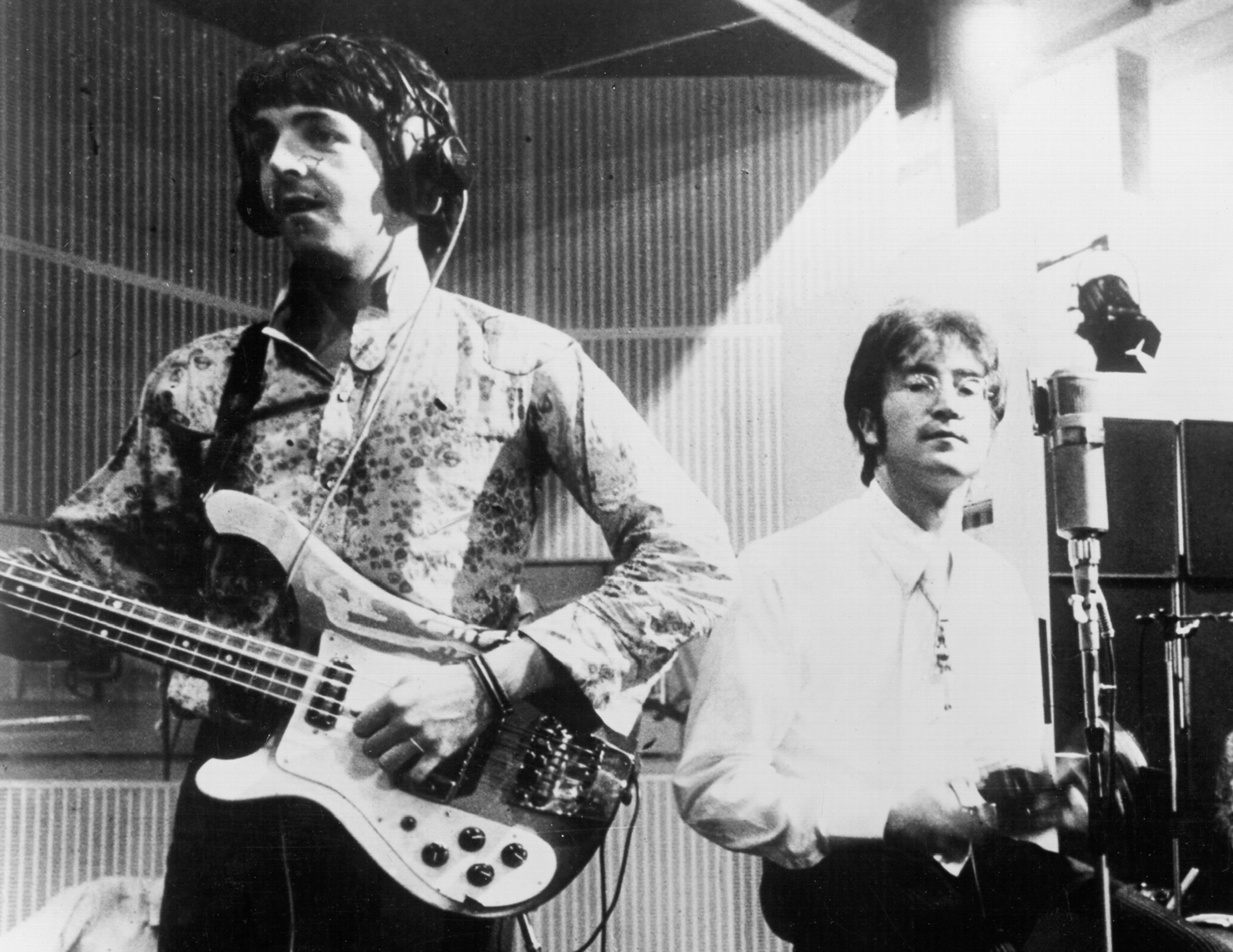 Paul McCartney and John Lennon of The Beatles rehearse for the first live satellite uplink performance broadcast for the world