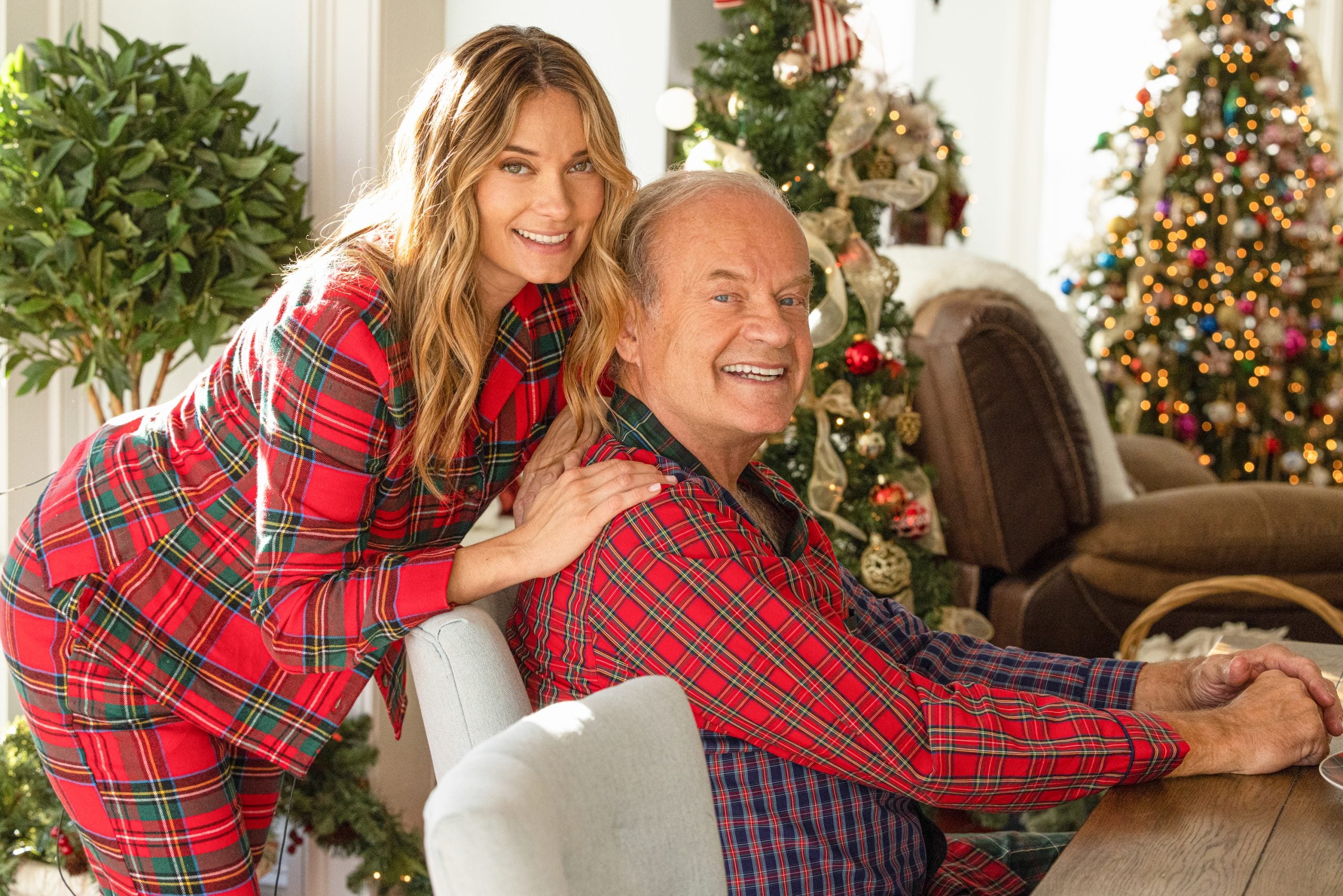 Spencer Grammer and Kelsey Grammer wearing holiday pajames in 'The 12 Days of Christmas Eve'