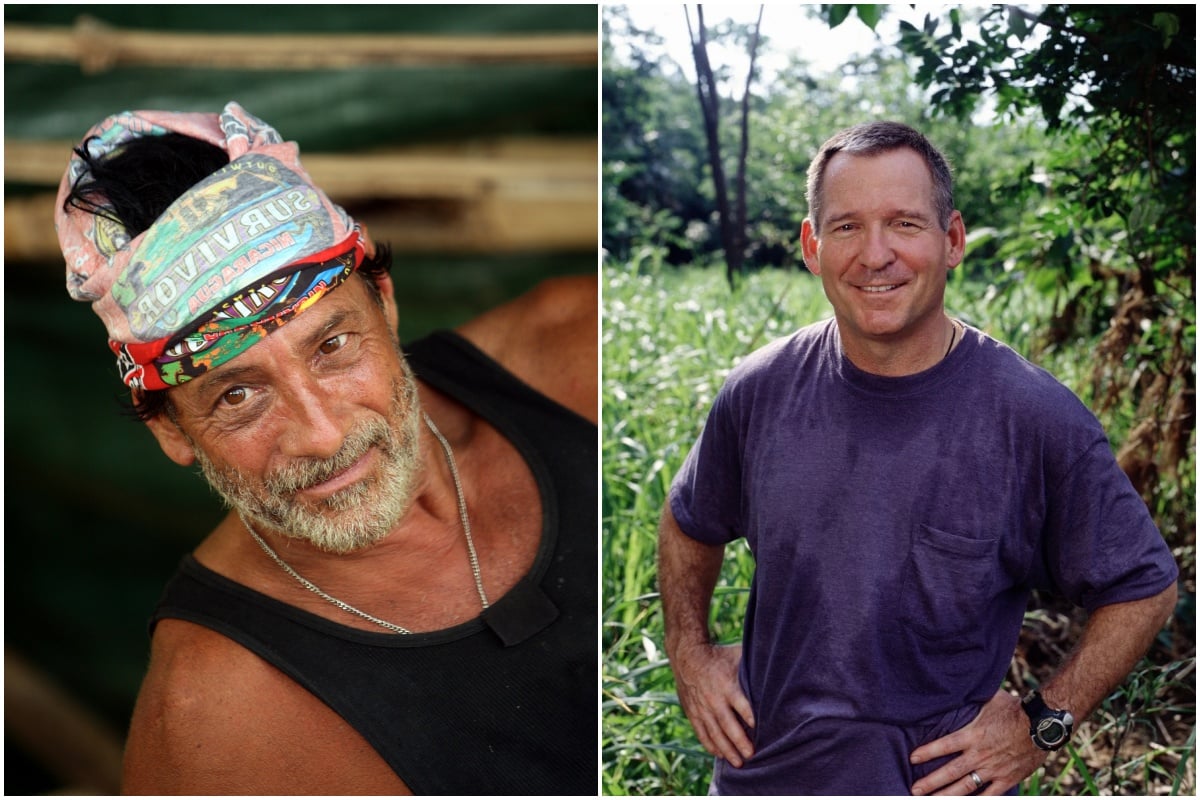 Dan Lembo and Roger Sexton, who starred in separate seasons of 'Survivor' on CBS, died in 2022. Dan wears a black tank top, silver chain, and his red 'Survivor' buff. Roger wears a dark blue-gray shirt.