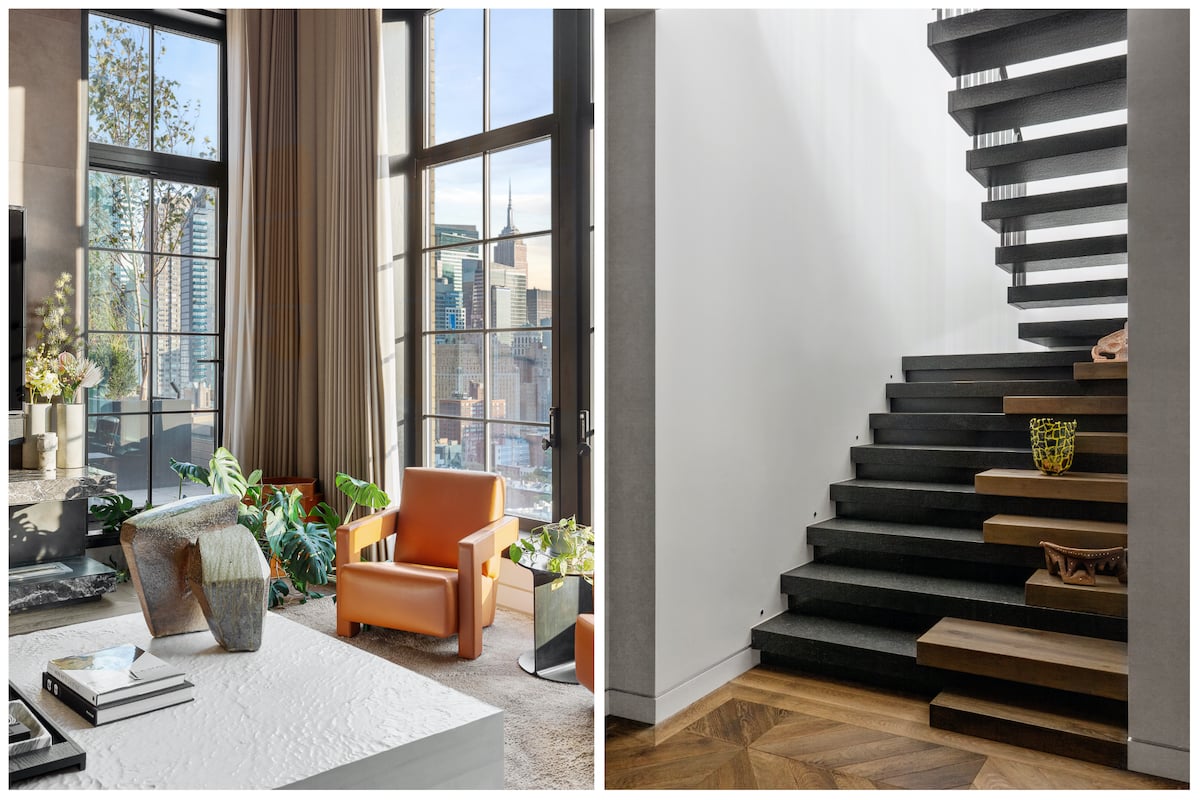 Side by side photos of a living room and floating staircase in Trevor Noah's apartment