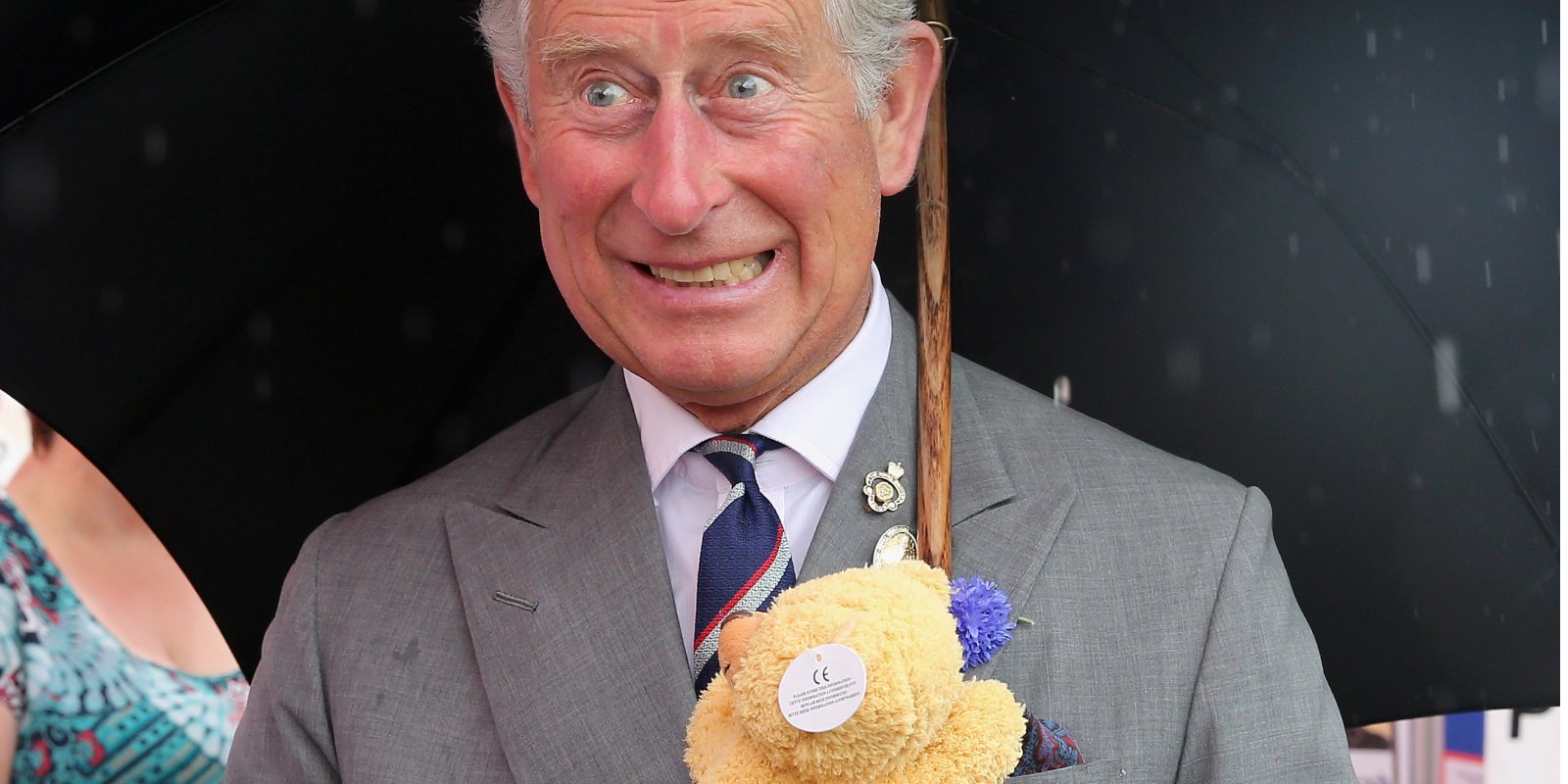 King Charles III holding a stuffed animal in 2013.