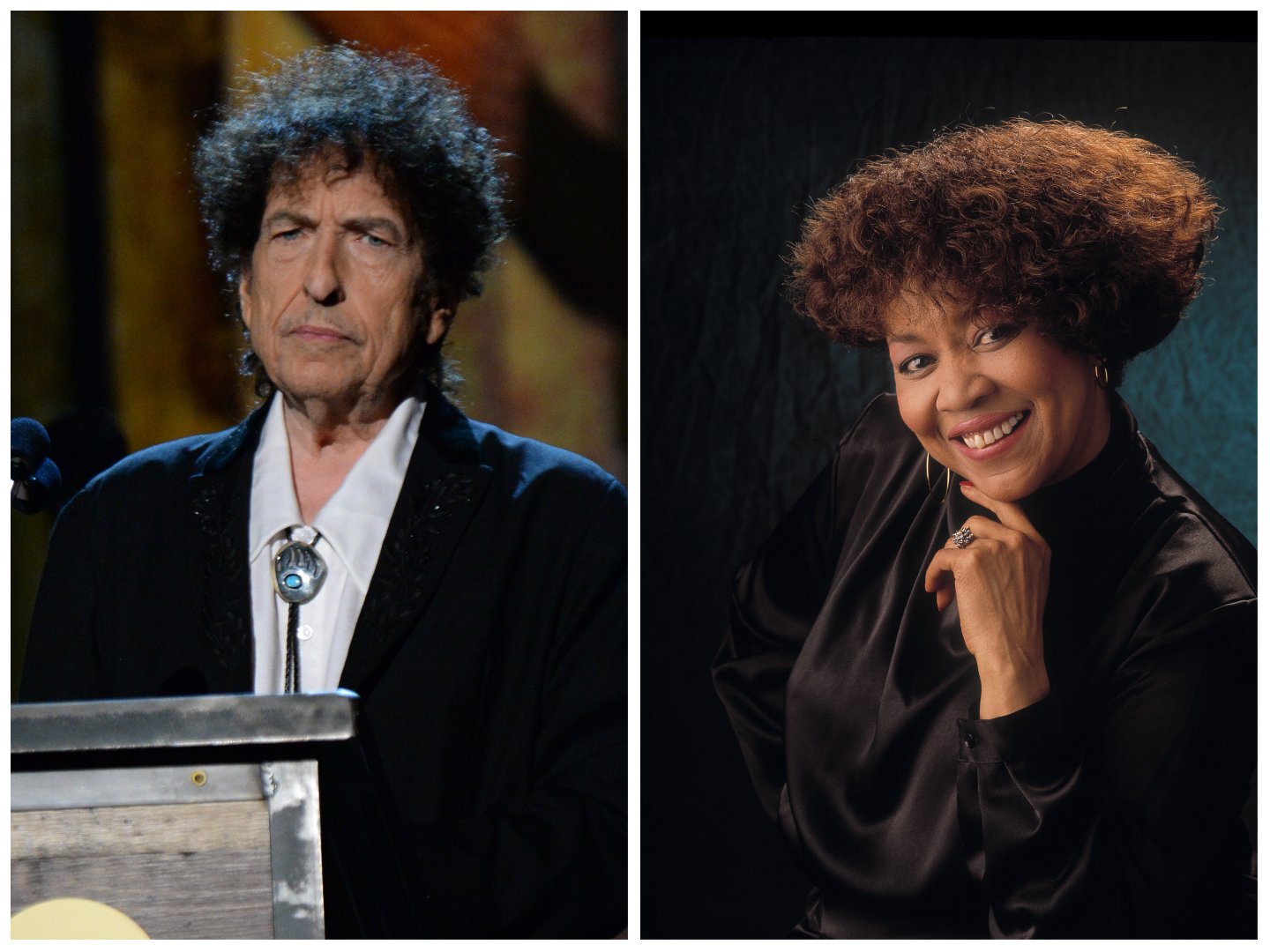 Bob Dylan wears a bolo tie and stands at a podium. Mavis Staples poses with her hand on her chin.