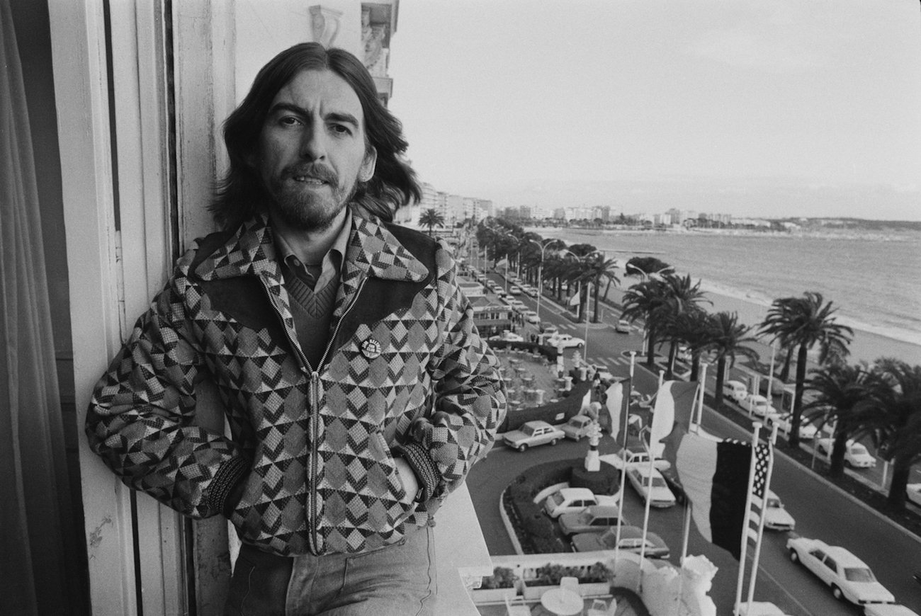 George Harrison in a colored jacket in Cannes, France, 1976.