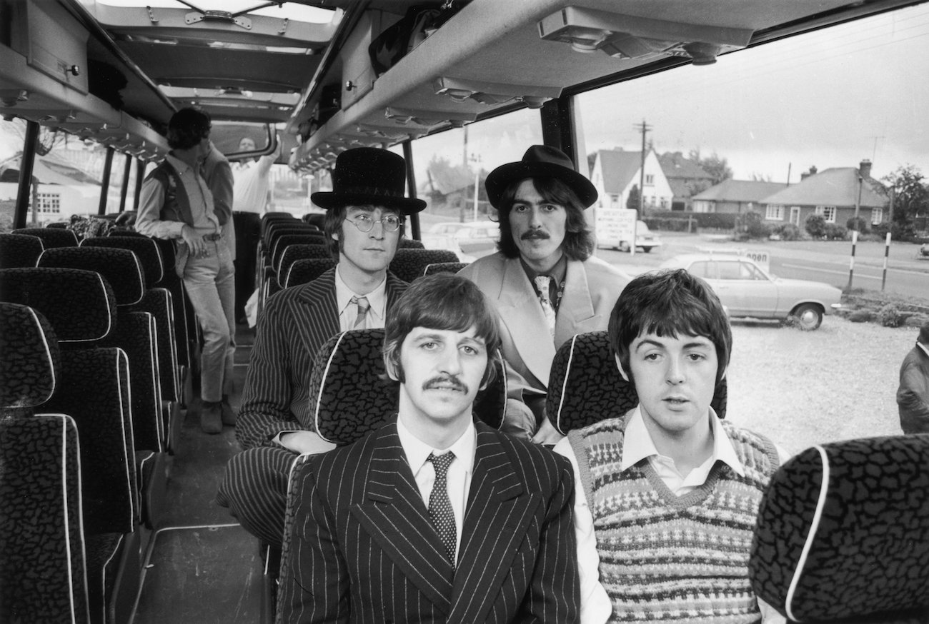 George Harrison with The Beatles during the filming of 'Magical Mystery Tour' in 1967.