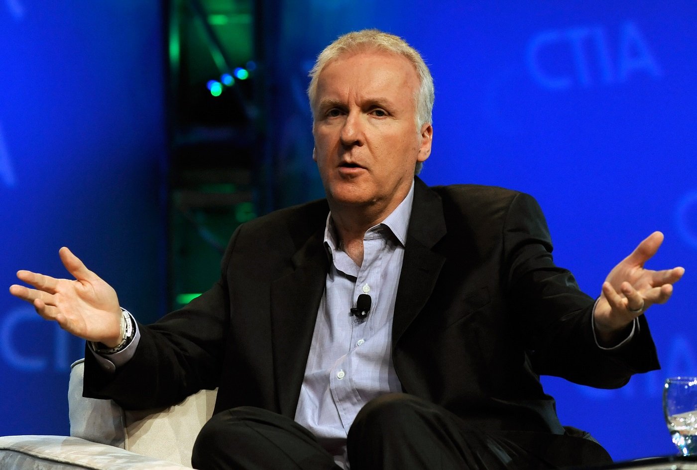 James Cameron speaks during a round-table discussion at the International CTIA Wireless 2010 convention at the Las Vegas Convention Center