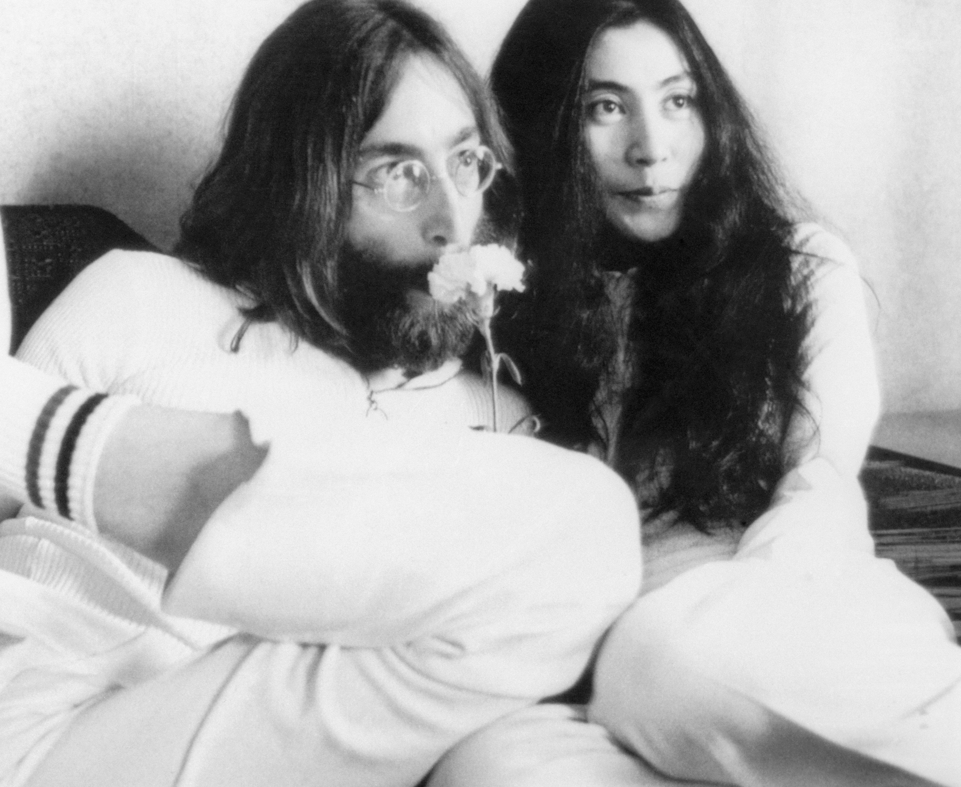 The Plastic Ono Band's John Lennon and Yoko Ono with long hair