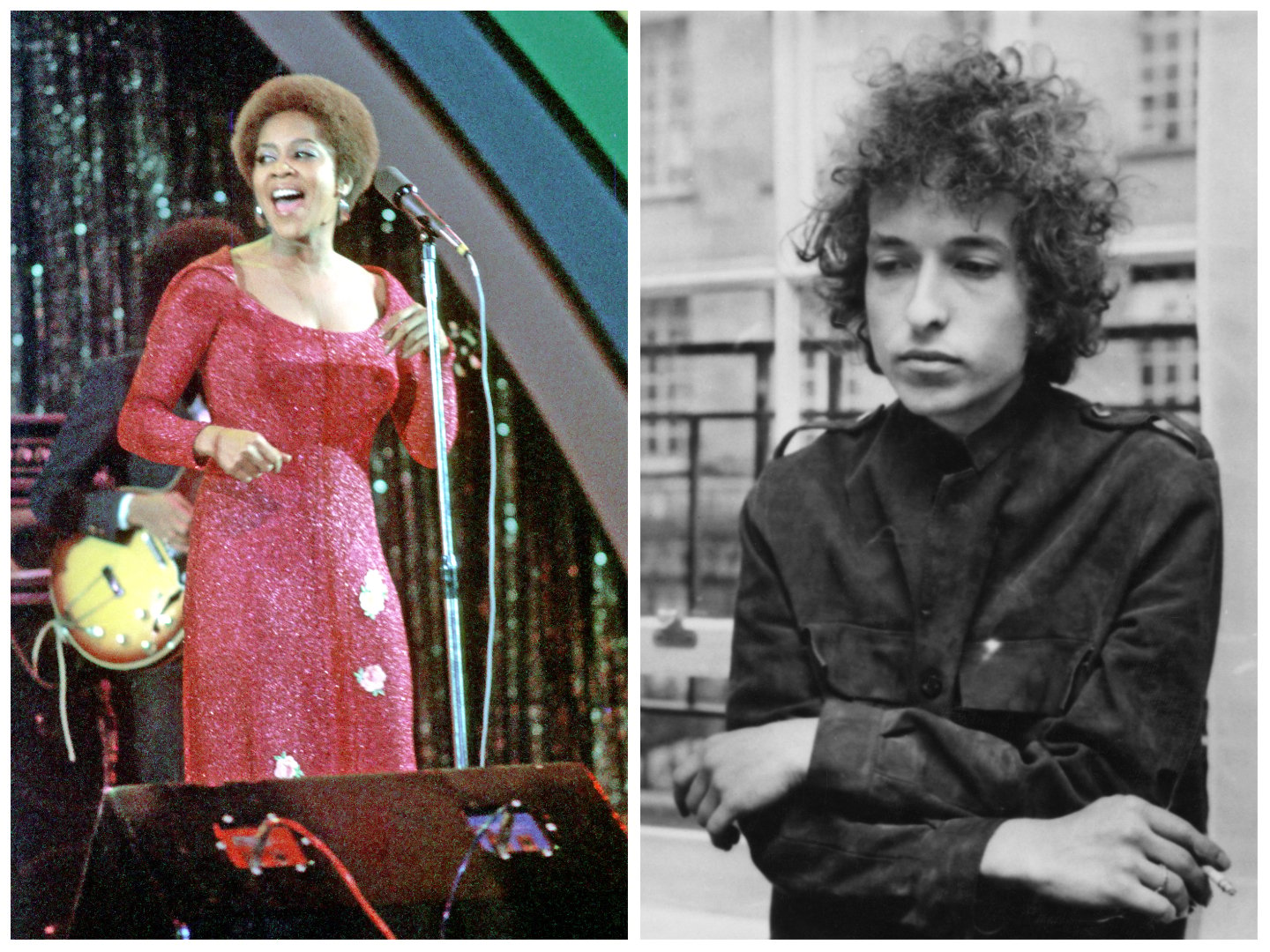 Mavis Staples wears a sparkly dress and sings into a microphone. Bob Dylan stands in front of a window. 