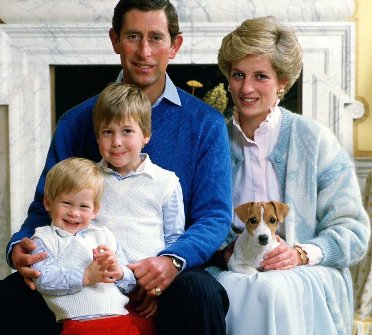 Princess Diana, who appeared 'photoshopped' in a 1986 Christmas card, according to a body language expert, sits with King Charles, Prince Harry, and Prince William in 1986