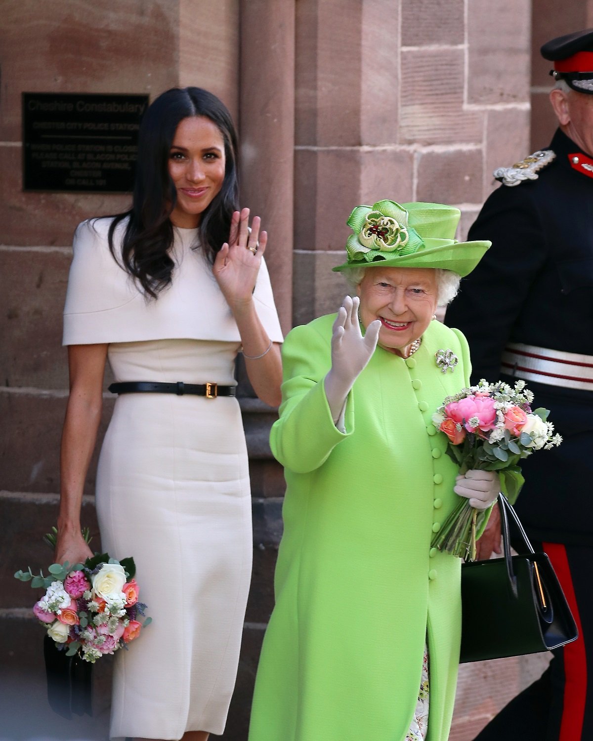 Queen Elizabeth II and Meghan Markle leaving Chester Town Hall on June 14, 2018 