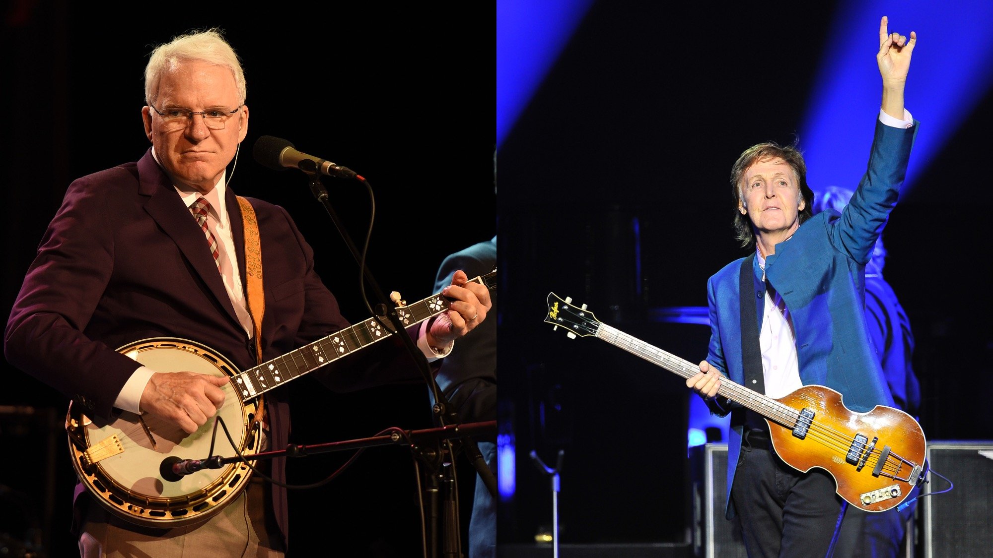 (L) Steve Martin performs with Steep Canyon Rangers at Weill Hall, Sonoma State University's Green Music Center on August 20, 2015, in Rohnert Park, California. (R) Paul McCartney performs at the Grand Opening of the new Golden 1 Center on October 4, 2016, in Sacramento, California. 