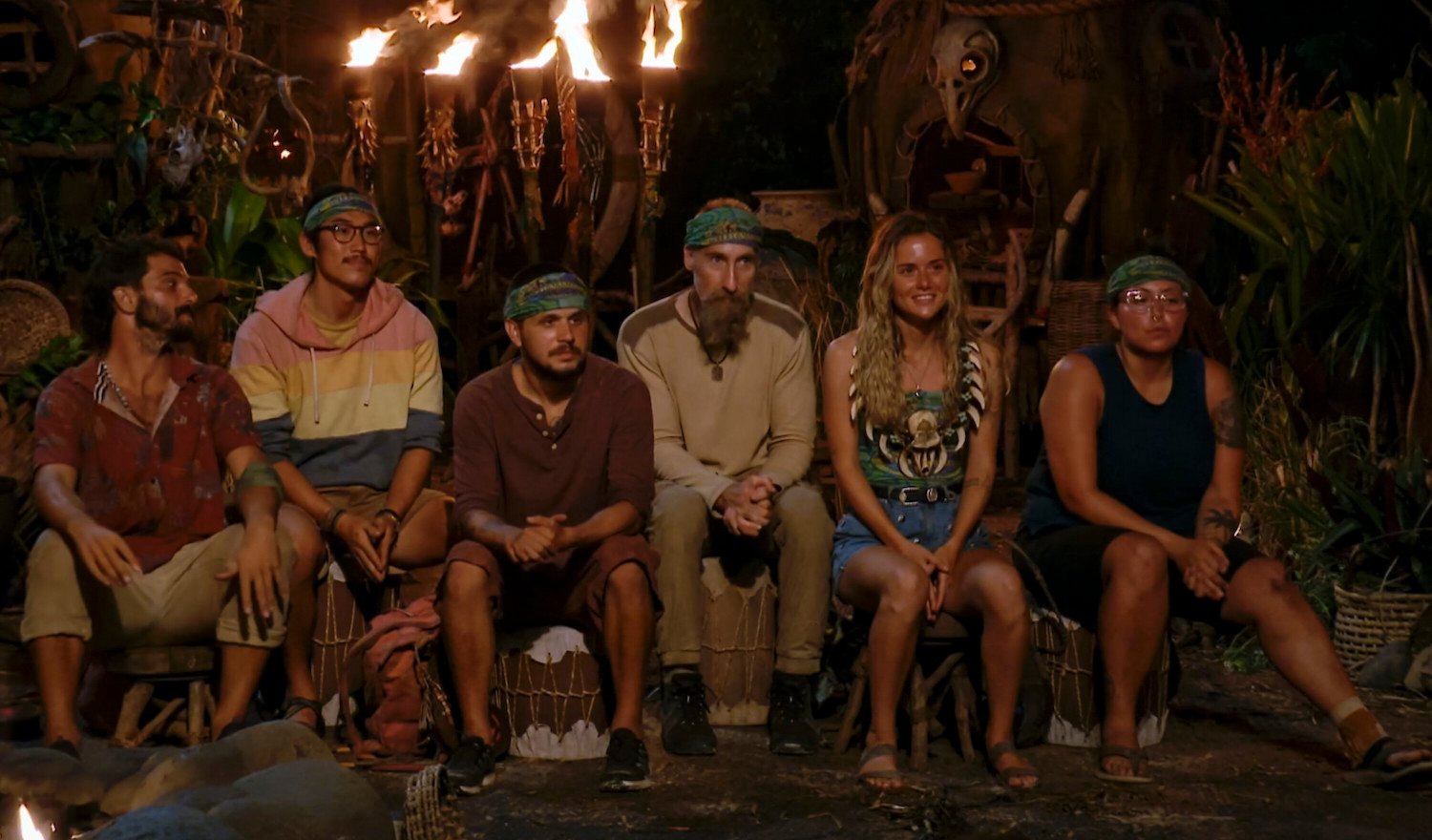 Cody, Owen, Jesse, Gabler, Cassidy, and Karla sitting at Tribal Council before the 'Survivor' Season 43 finale