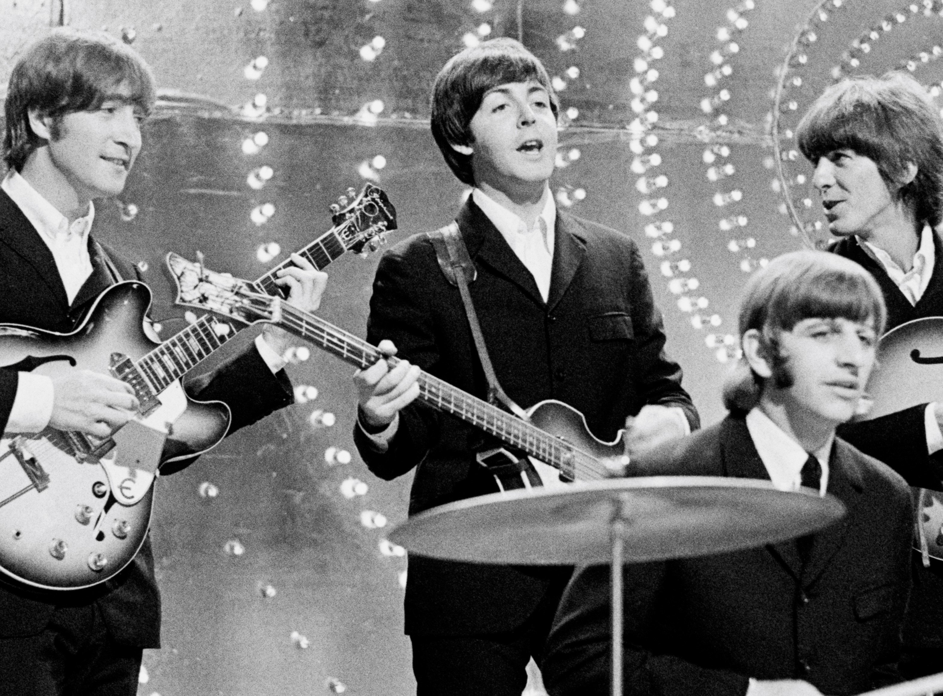 The Beatles with instruments during the "Eleanor Rigby" era