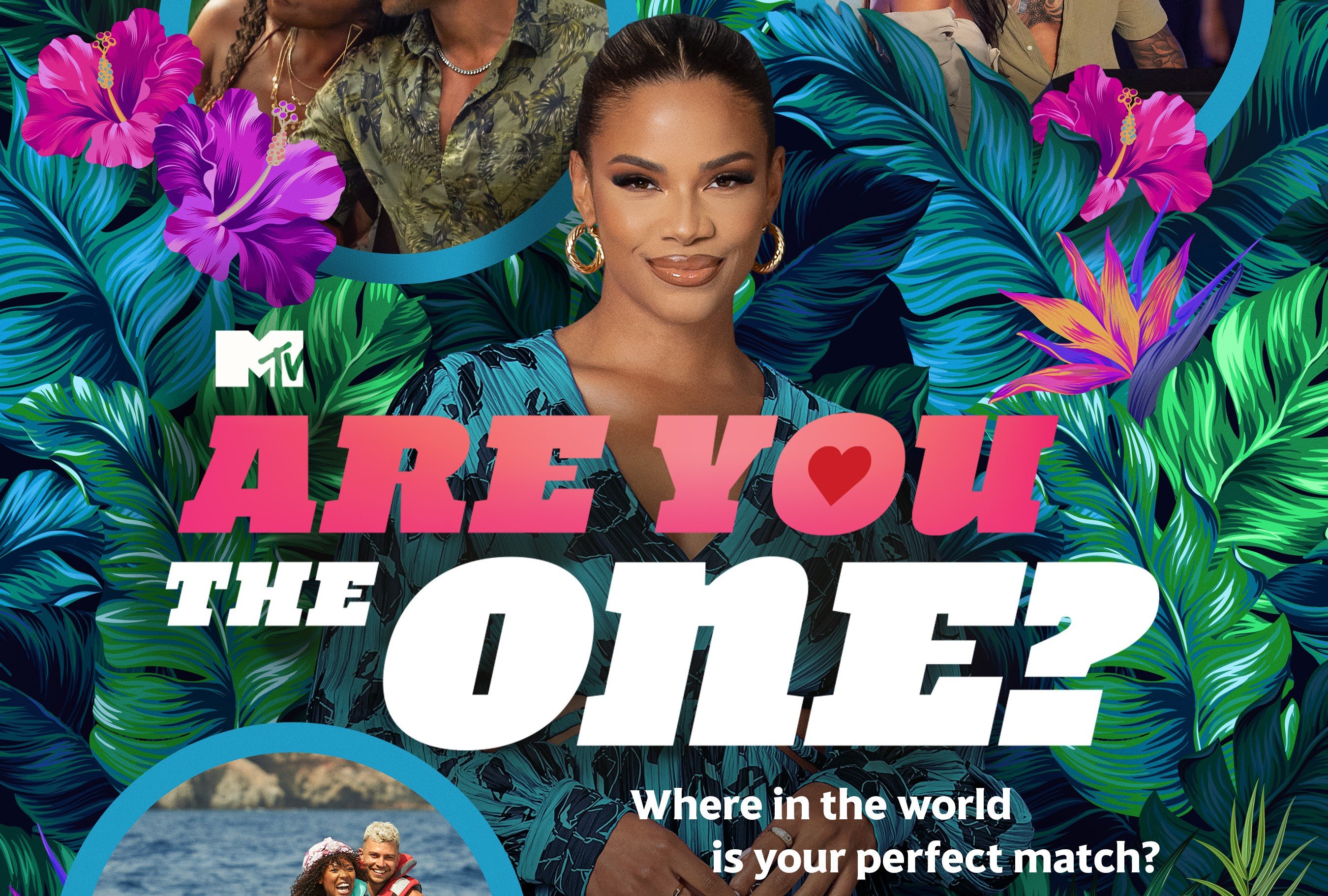 Kamie Crawford, the host of 'Are You the One?' Season 9, appears on Paramount+'s poster for the season. Crawford wears a light blue dress with black flowers on it. The poster contains the show's name, a background of colorful leaves and flowers, and the slogan — 'Where in the world is your perfect match?'