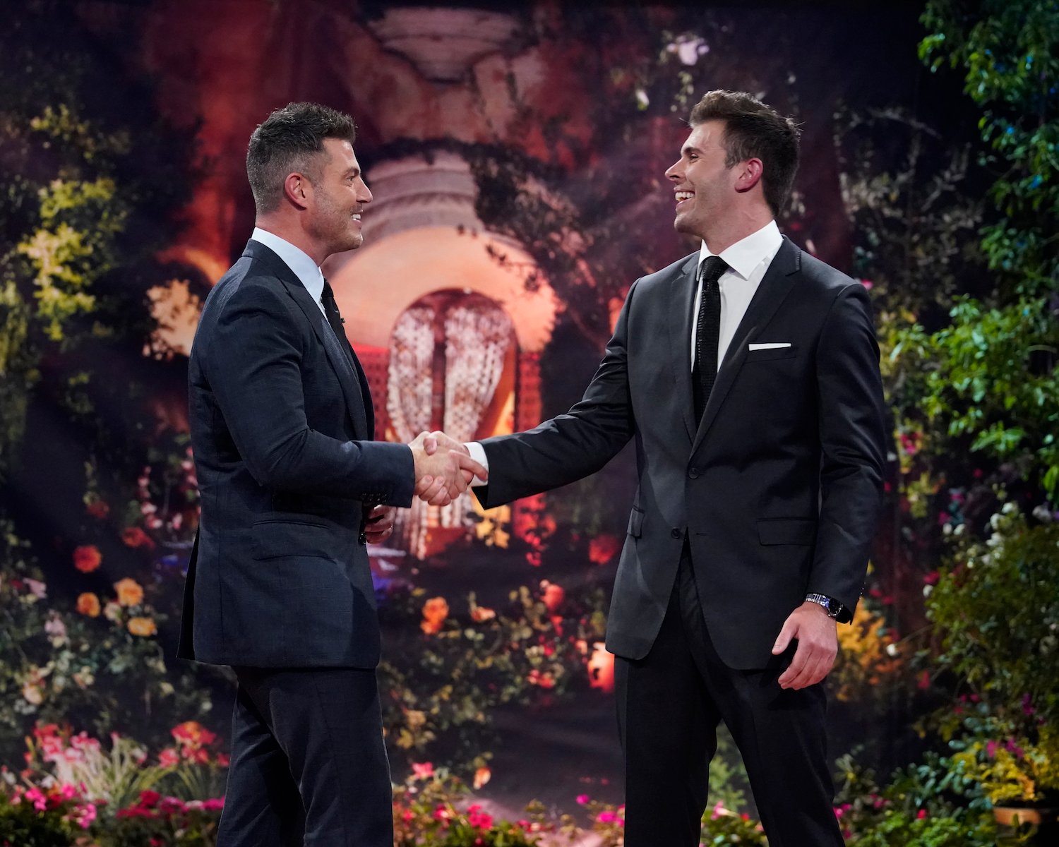 'The Bachelor' Season 27 night one with Jesse Palmer and Zach Shallcross shaking hands in front of the mansion