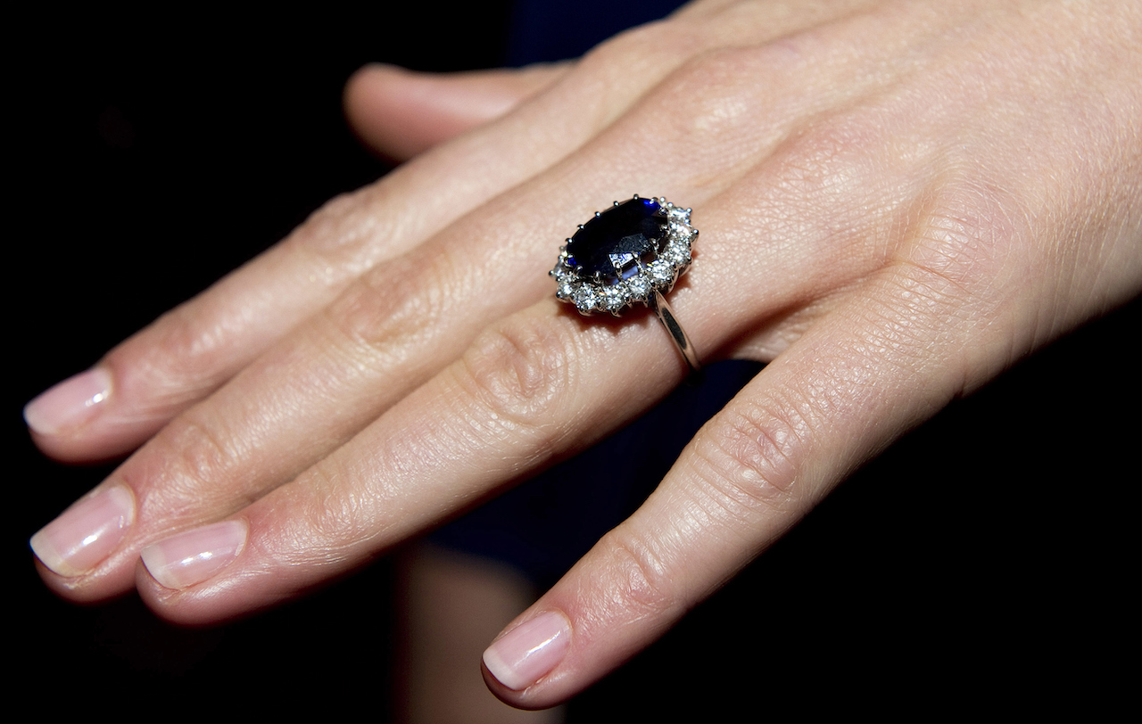 Kate Middleton, wearing her engagement ring, which once belonged to Diana, Princess of Wales.