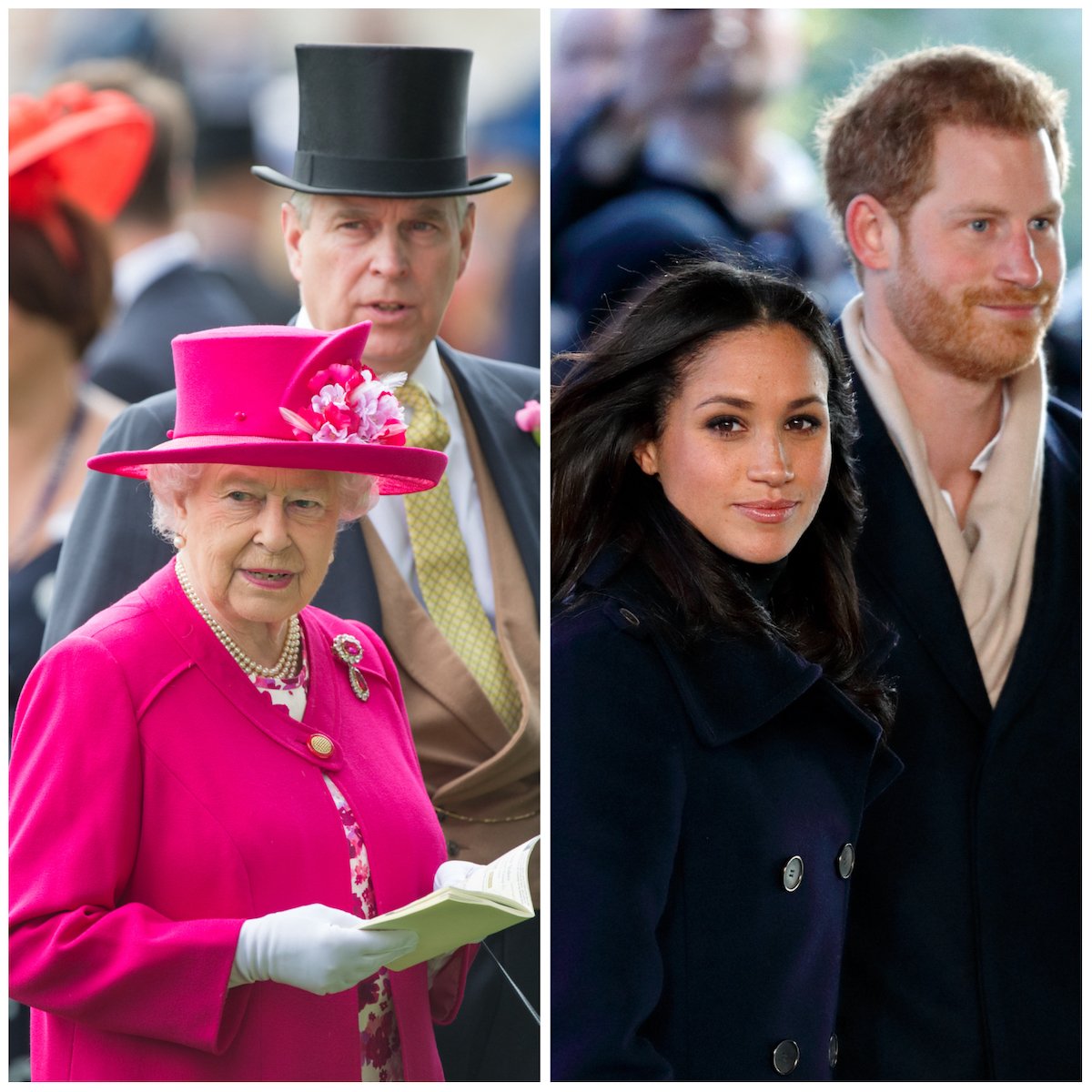 Queen Elizabeth II and Prince Andrew, whom Meghan Markle mistook for Queen Elizabeth's assistant, according to Prince Harry's 'Spare' memoir, in 2015 and Meghan Markle and Prince Harry in 2017.