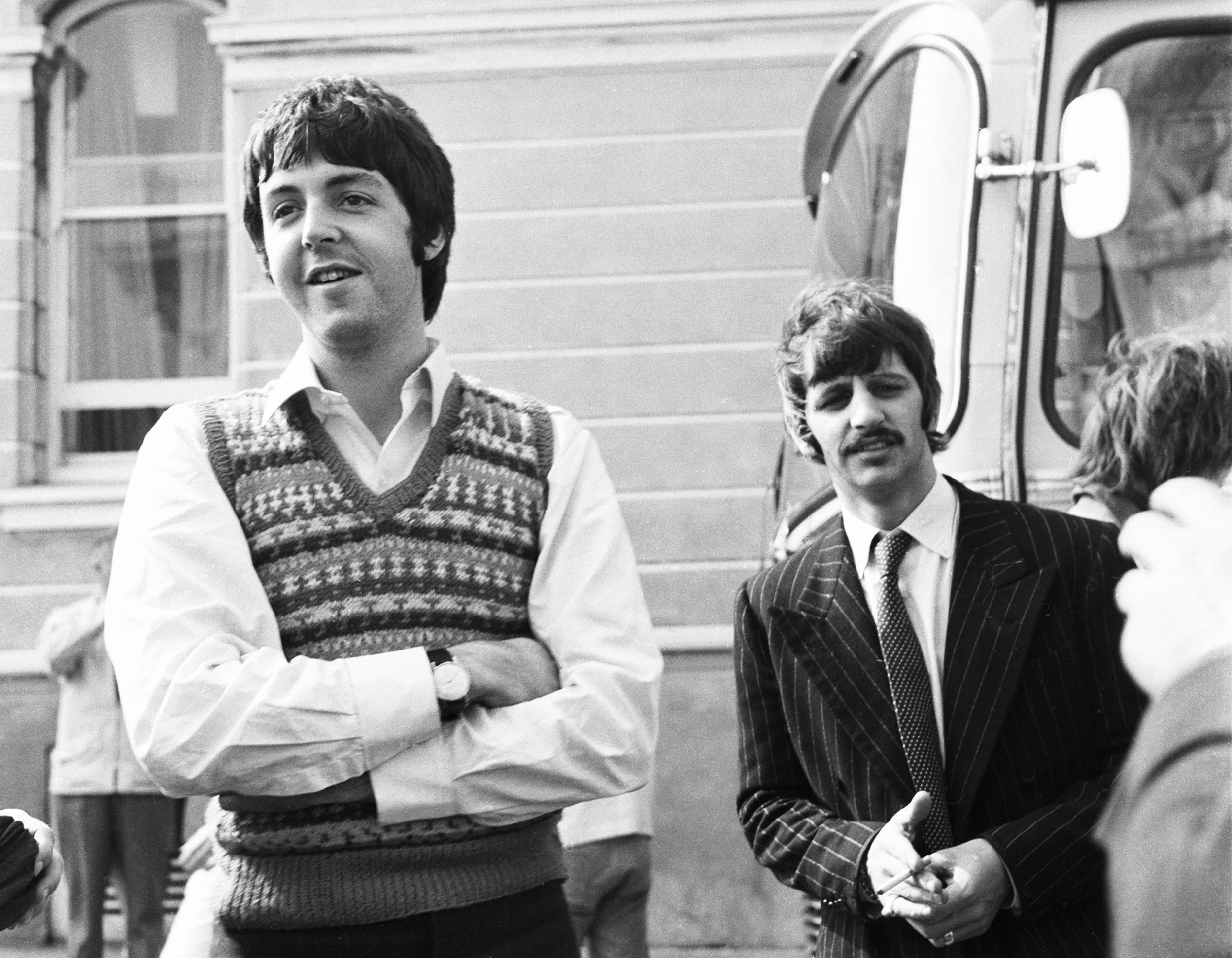 Paul McCartney and Ringo Starr of The Beatles at start of Magical Mystery Tour