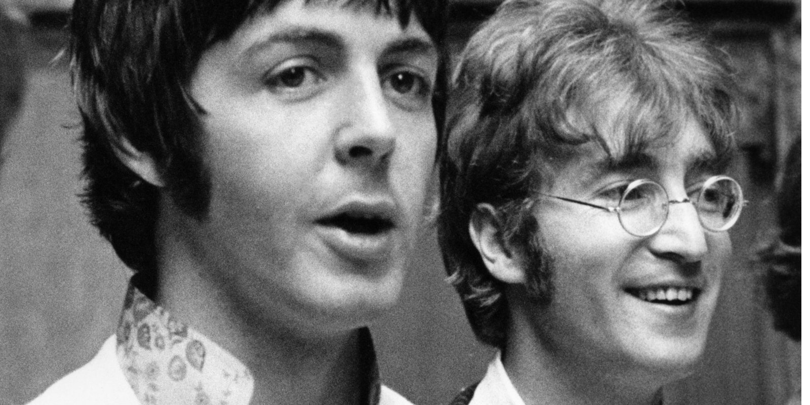 Paul McCartney and John Lennon posing for press before performing All You Need Is Love on 'Our World' satellite link up.